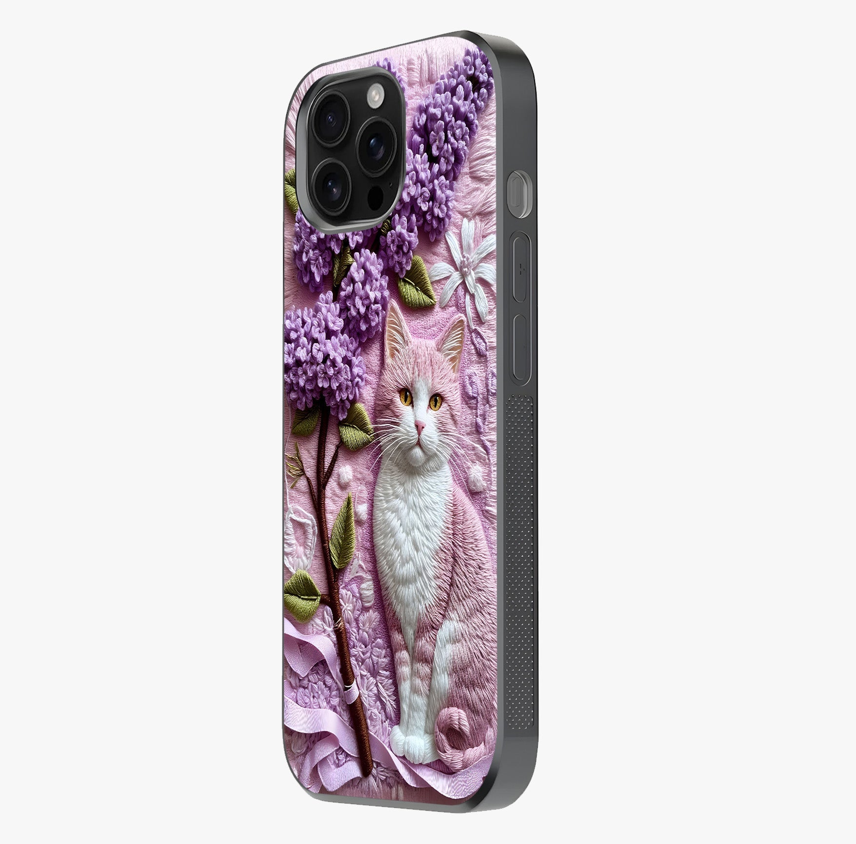 Lavender Cat Whimsy Glass Case photographed in natural light showing reflective finish and design depth.