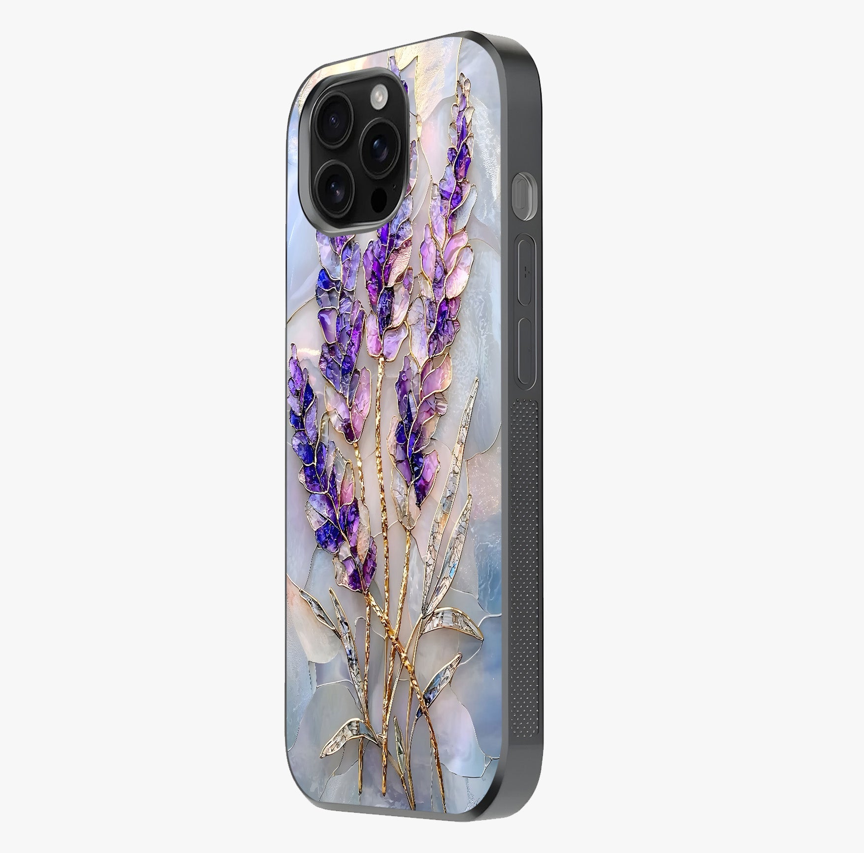 Lavender Dream Glow Glass Case photographed in natural light showing reflective finish and design depth.