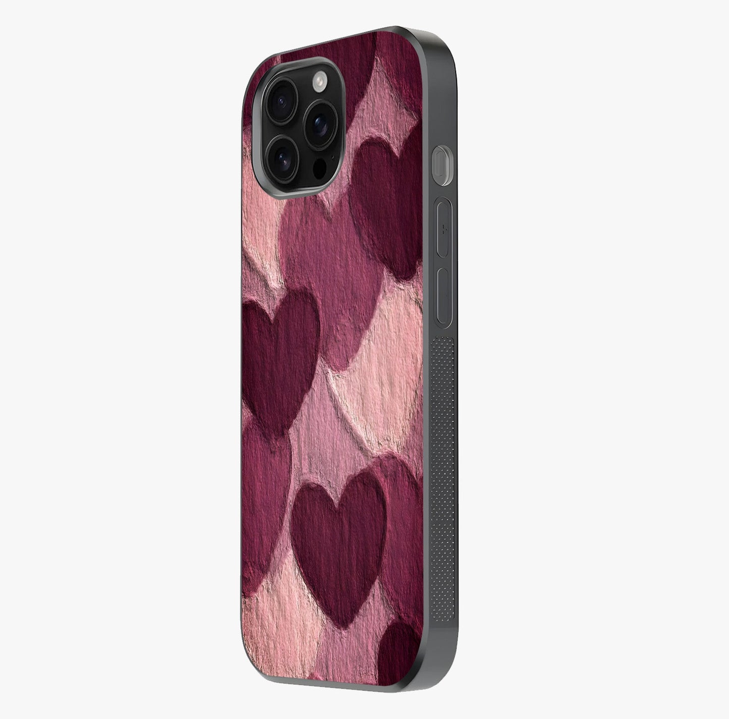 Layered Paper Hearts Glass Case photographed in natural light showing reflective finish and design depth.