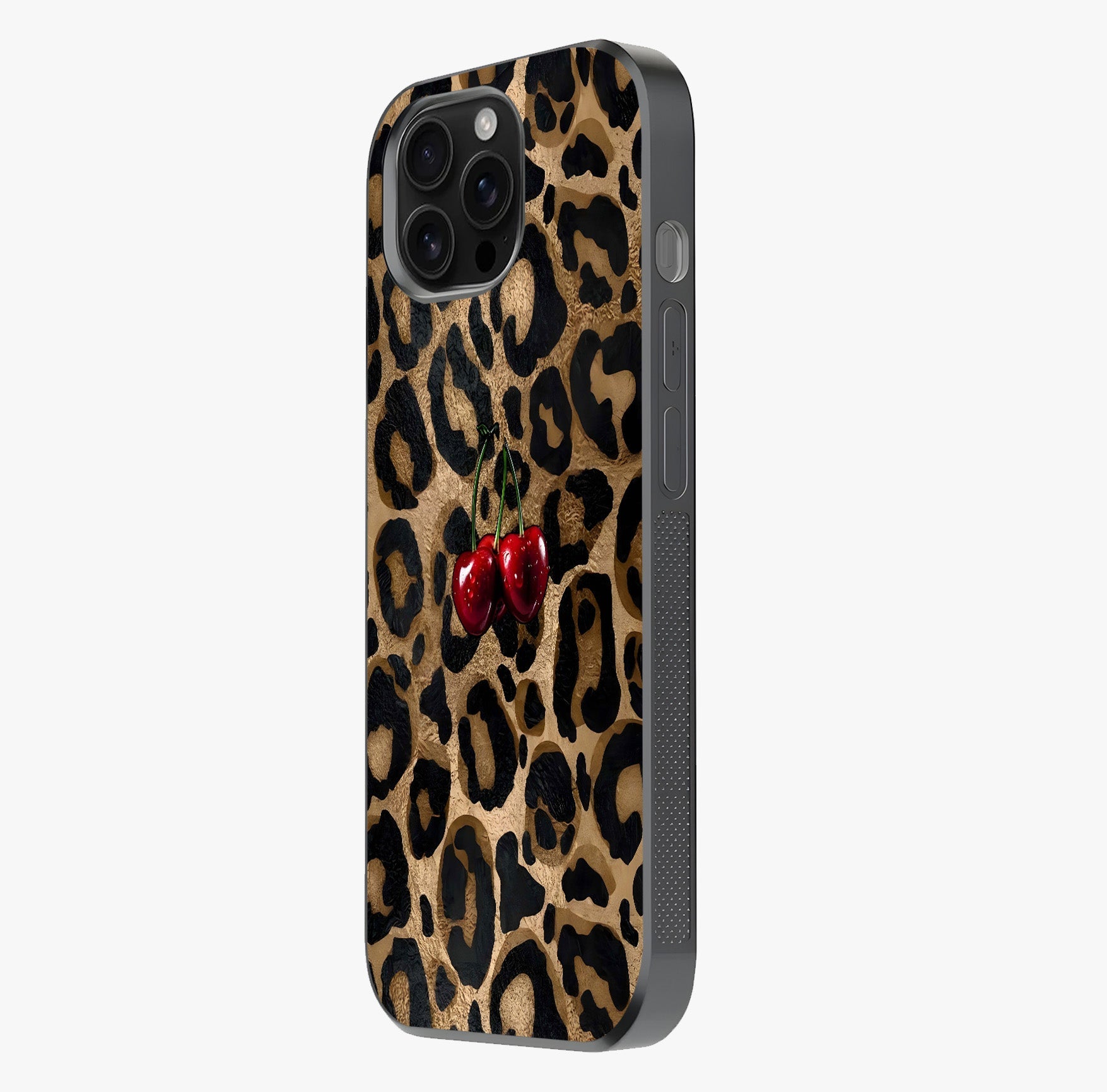 Leopard Wild Cherry Glass Case photographed in natural light showing reflective finish and design depth.