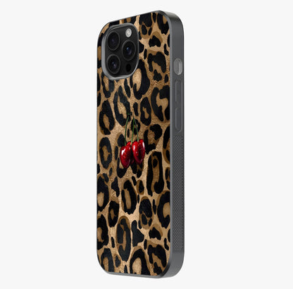 Leopard Wild Cherry Glass Case photographed in natural light showing reflective finish and design depth.