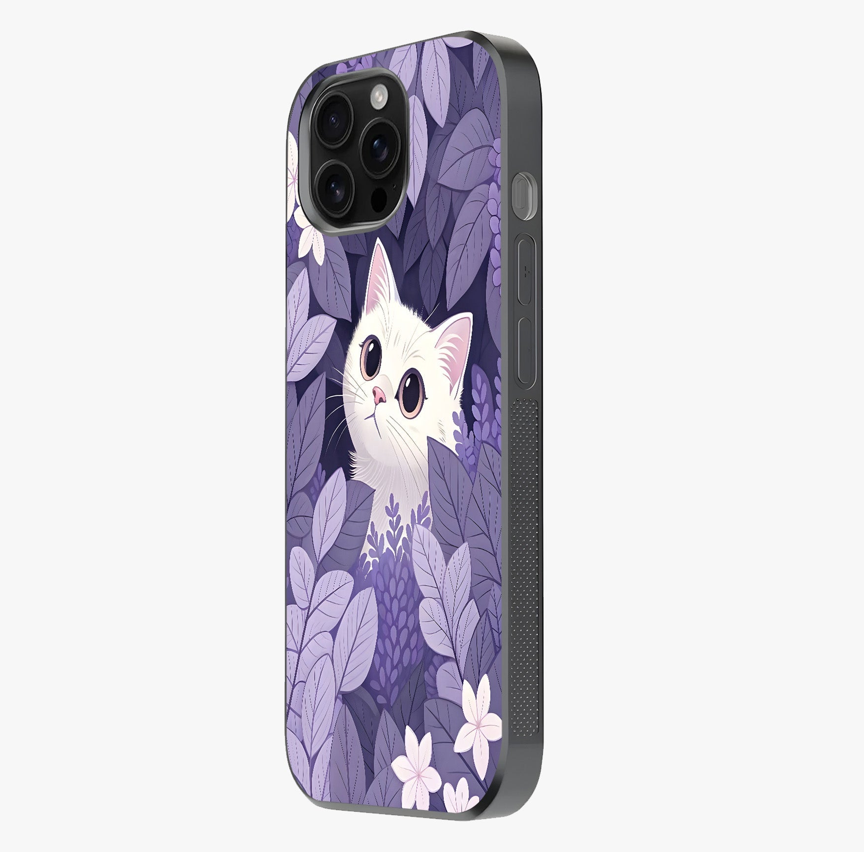 Lilac Hide Peek Cat Glass Case photographed in natural light showing reflective finish and design depth.
