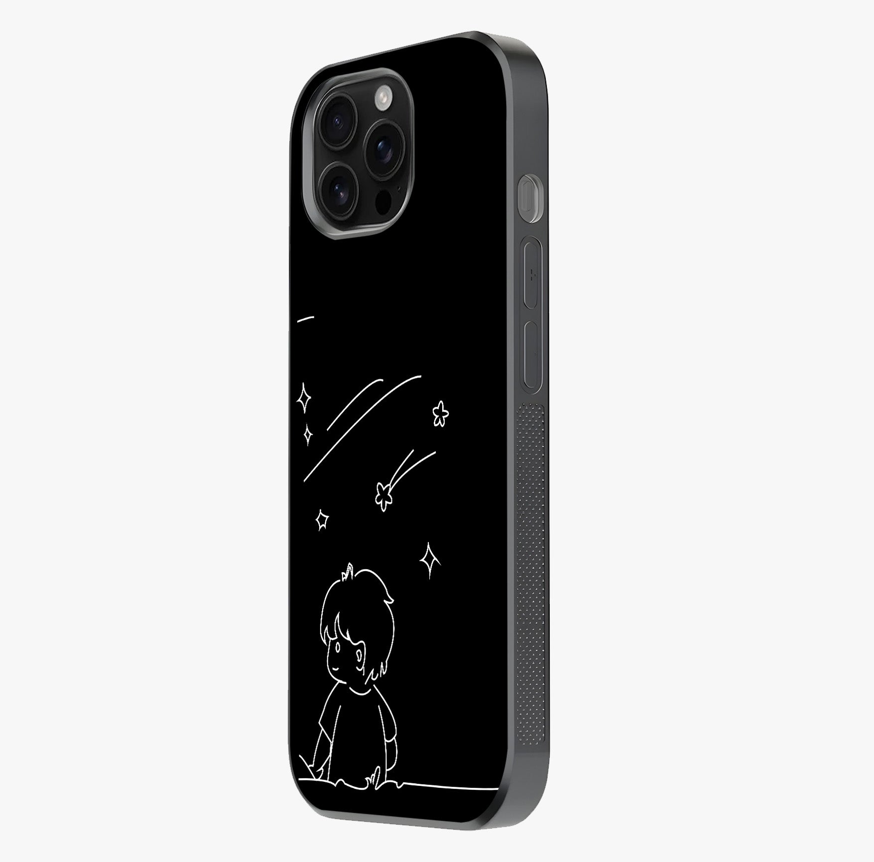 Line Art Boy With Shooting Stars Glass Case photographed in natural light showing reflective finish and design depth.