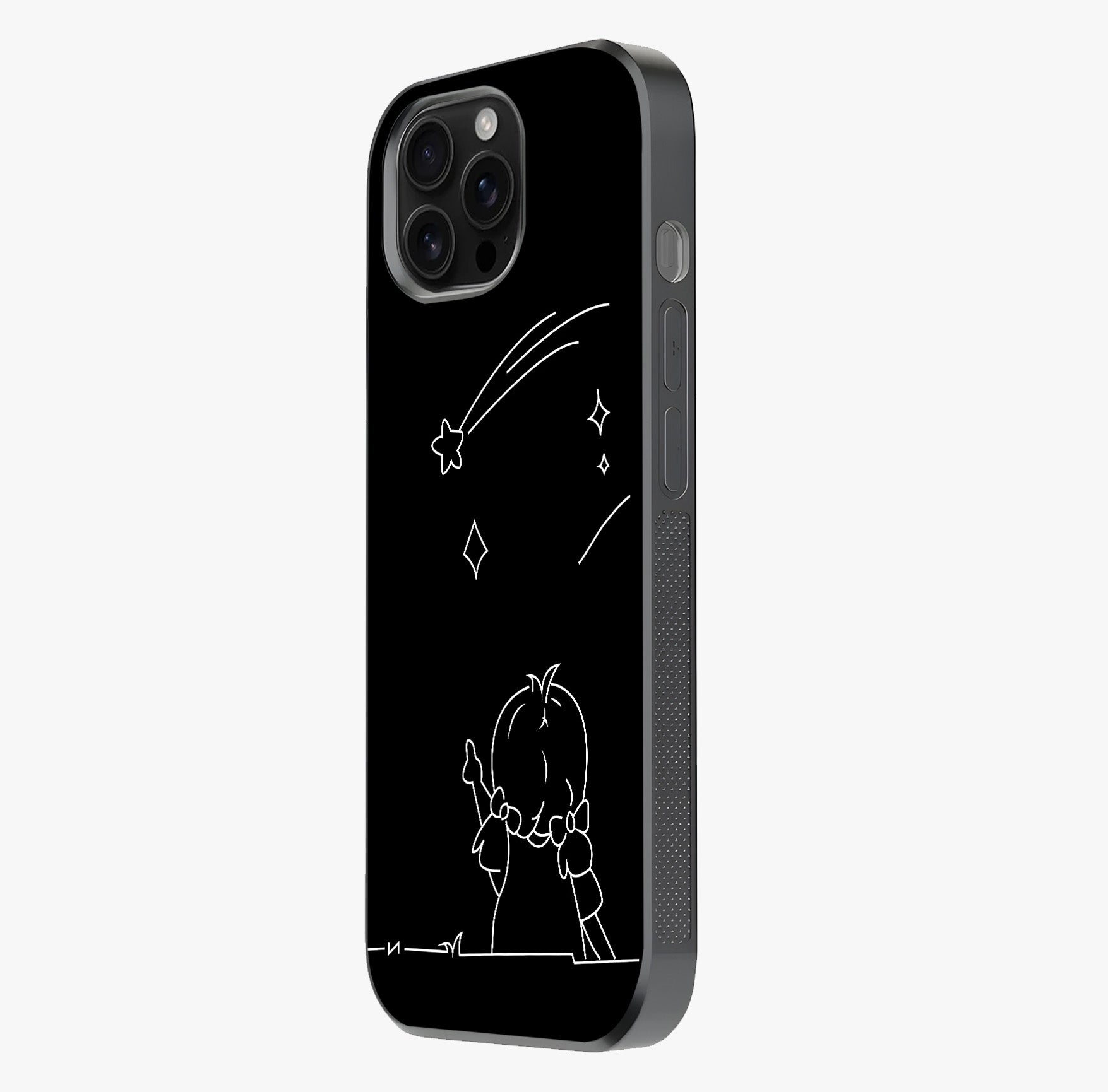 Line Art Girl With Shooting Stars Glass Case photographed in natural light showing reflective finish and design depth.