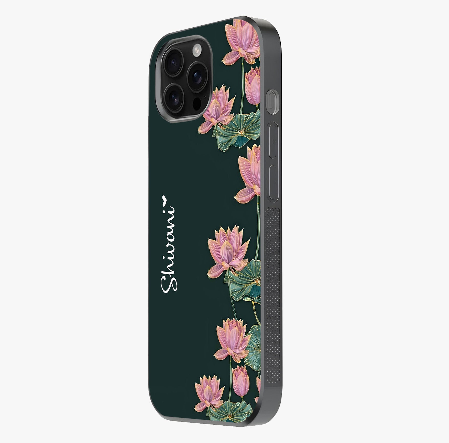 Lotus Bloom Serenity Custom Name Glass Case photographed in natural light showing reflective finish and design depth.