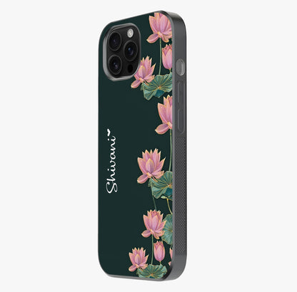 Lotus Bloom Serenity Custom Name Glass Case photographed in natural light showing reflective finish and design depth.