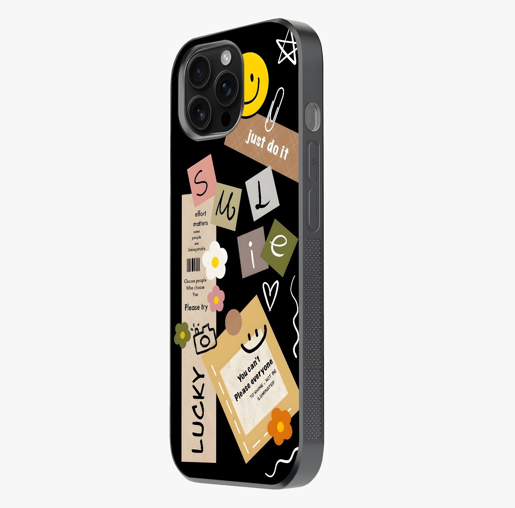 Lucky Aesthetic Collage Glass Case photographed in natural light showing reflective finish and design depth.