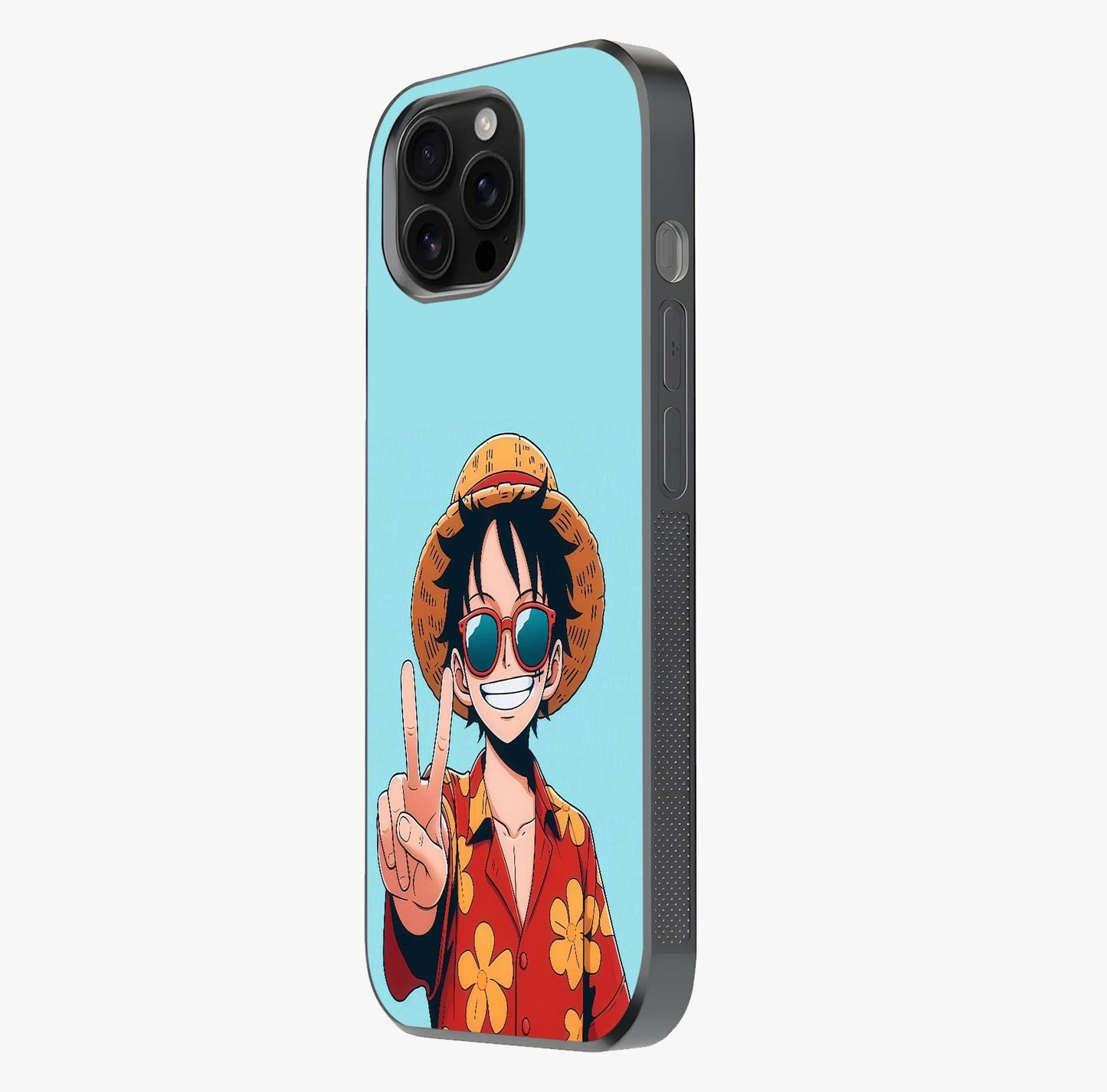 Luffy Summer Anime Vibe Glass Case photographed in natural light showing reflective finish and design depth.
