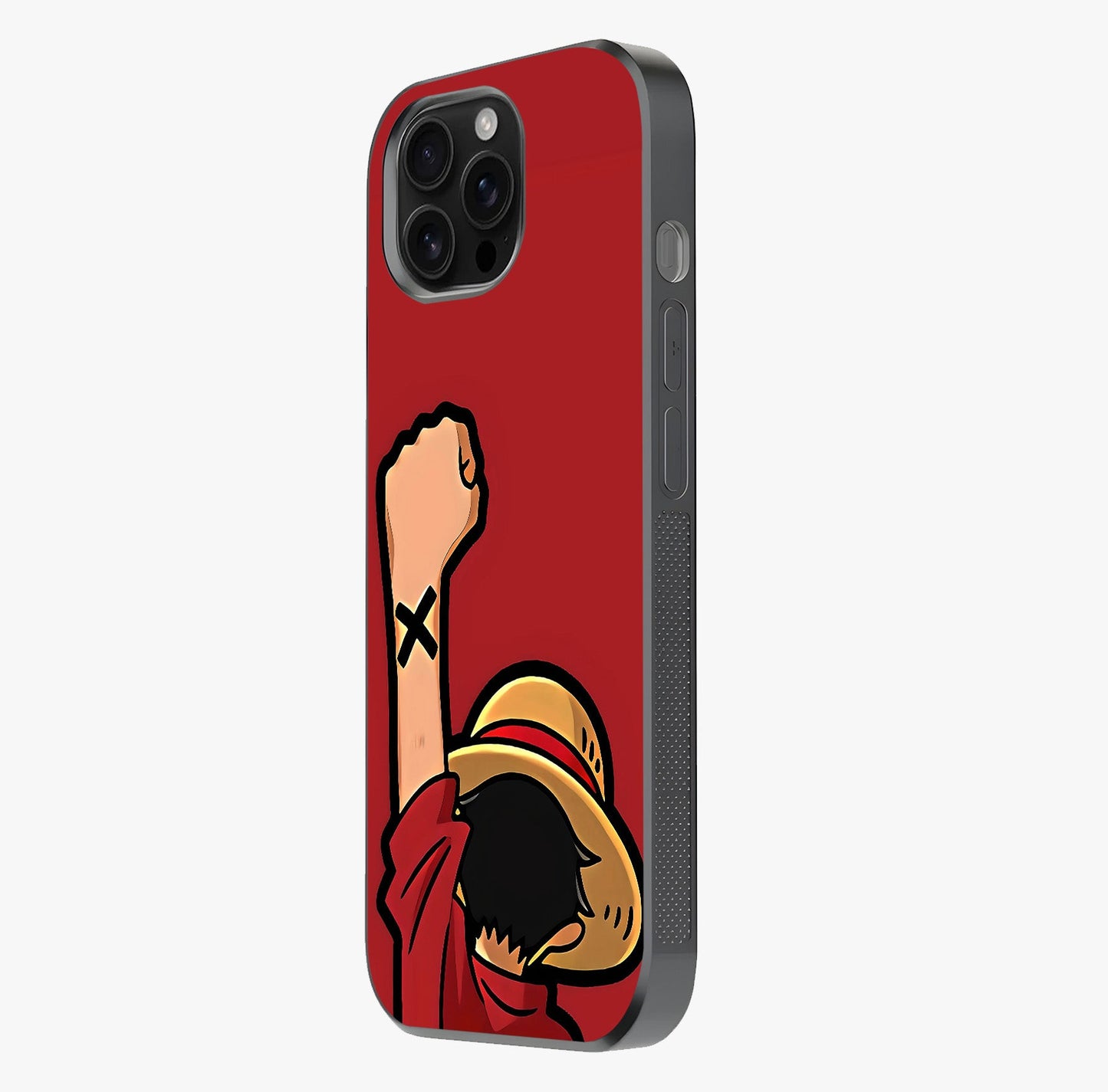 Luffy X Spirit Glass Case photographed in natural light showing reflective finish and design depth.