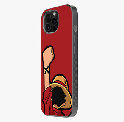 Luffy X Spirit Glass Case photographed in natural light showing reflective finish and design depth.
