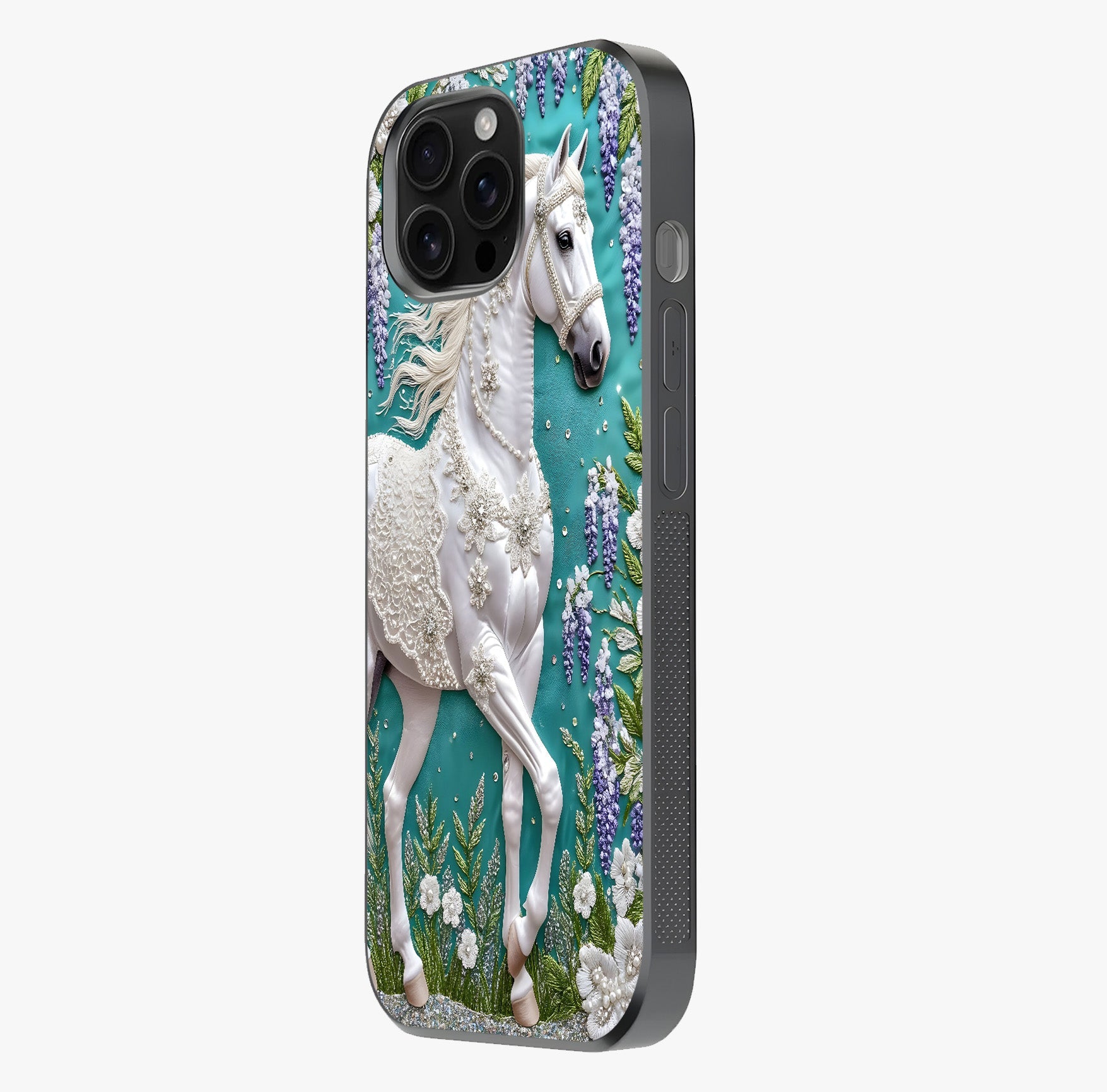 Majestic Floral Stallion Glass Case photographed in natural light showing reflective finish and design depth.