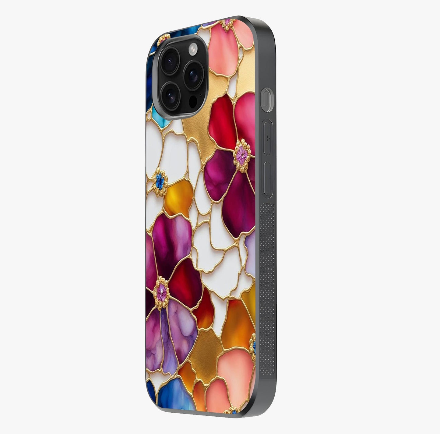 Marble Flower Pattern Glass Case photographed in natural light showing reflective finish and design depth.