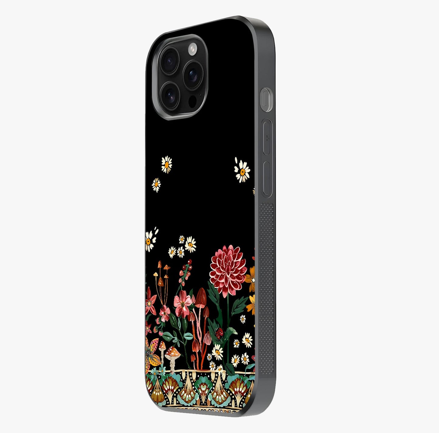 Midnight Bloom Pattern Glass Case photographed in natural light showing reflective finish and design depth.