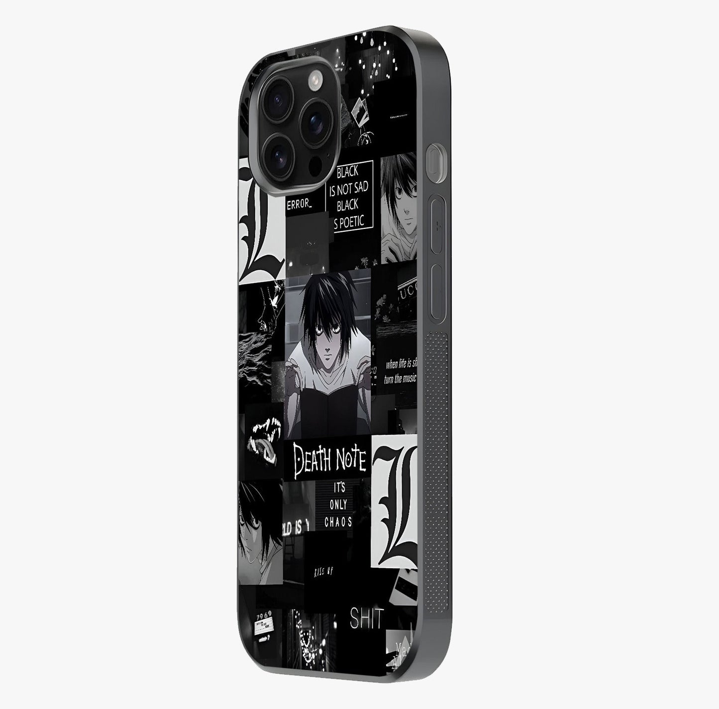 Midnight Chaos Mind Glass Case photographed in natural light showing reflective finish and design depth.