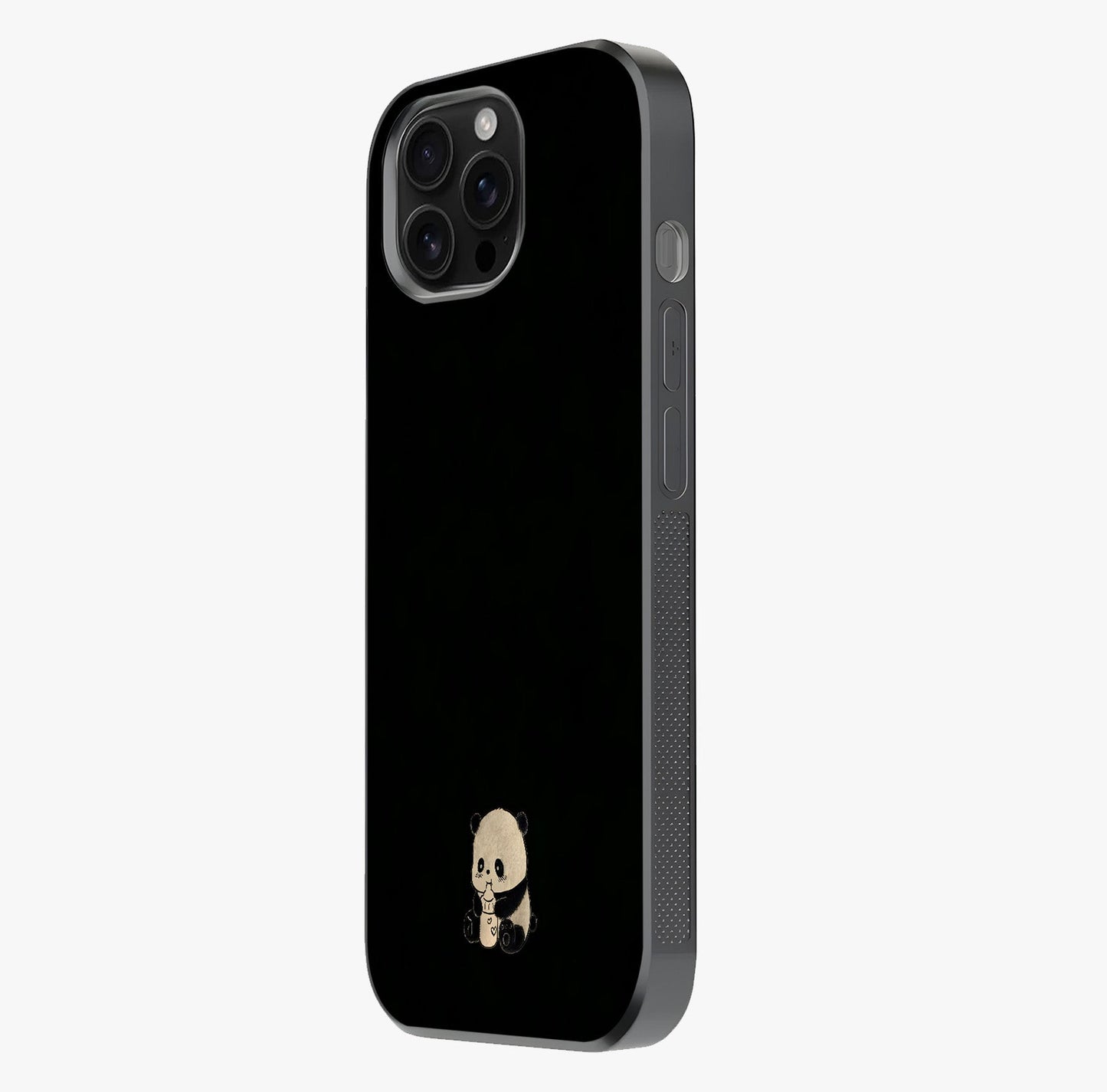 Midnight Panda Love Glass Case photographed in natural light showing reflective finish and design depth.