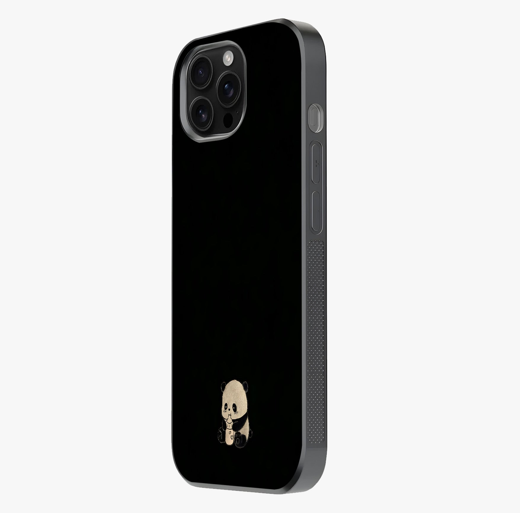 Midnight Panda Love Glass Case photographed in natural light showing reflective finish and design depth.
