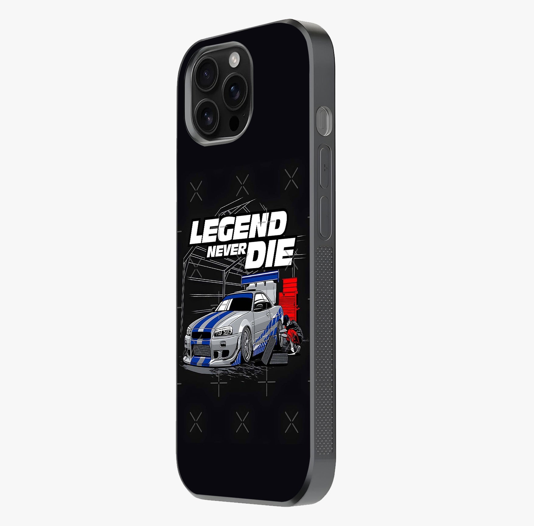Midnight Racing Legacy Glass Case photographed in natural light showing reflective finish and design depth.
