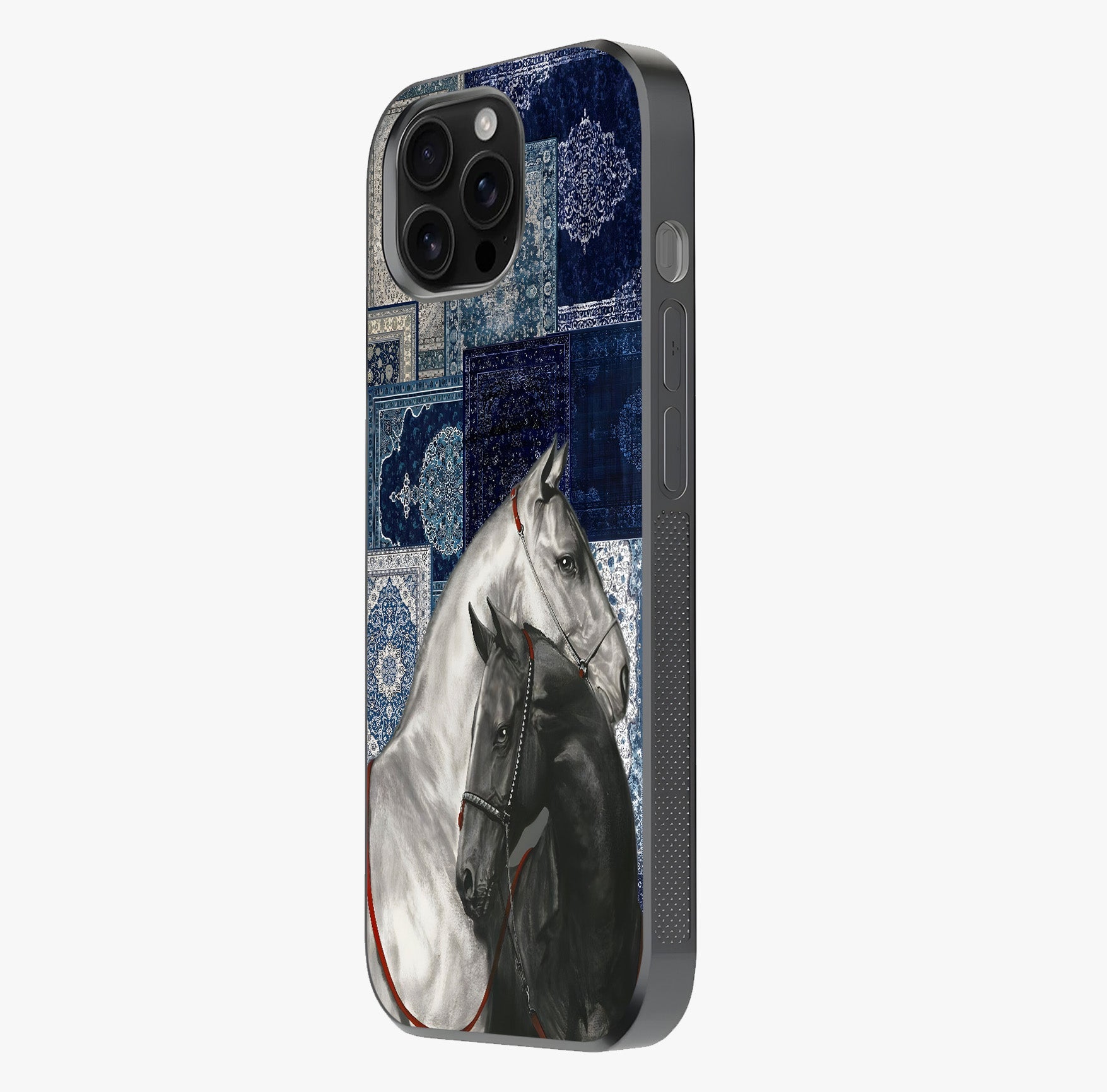 Midnight Stallion Blues Glass Case photographed in natural light showing reflective finish and design depth.