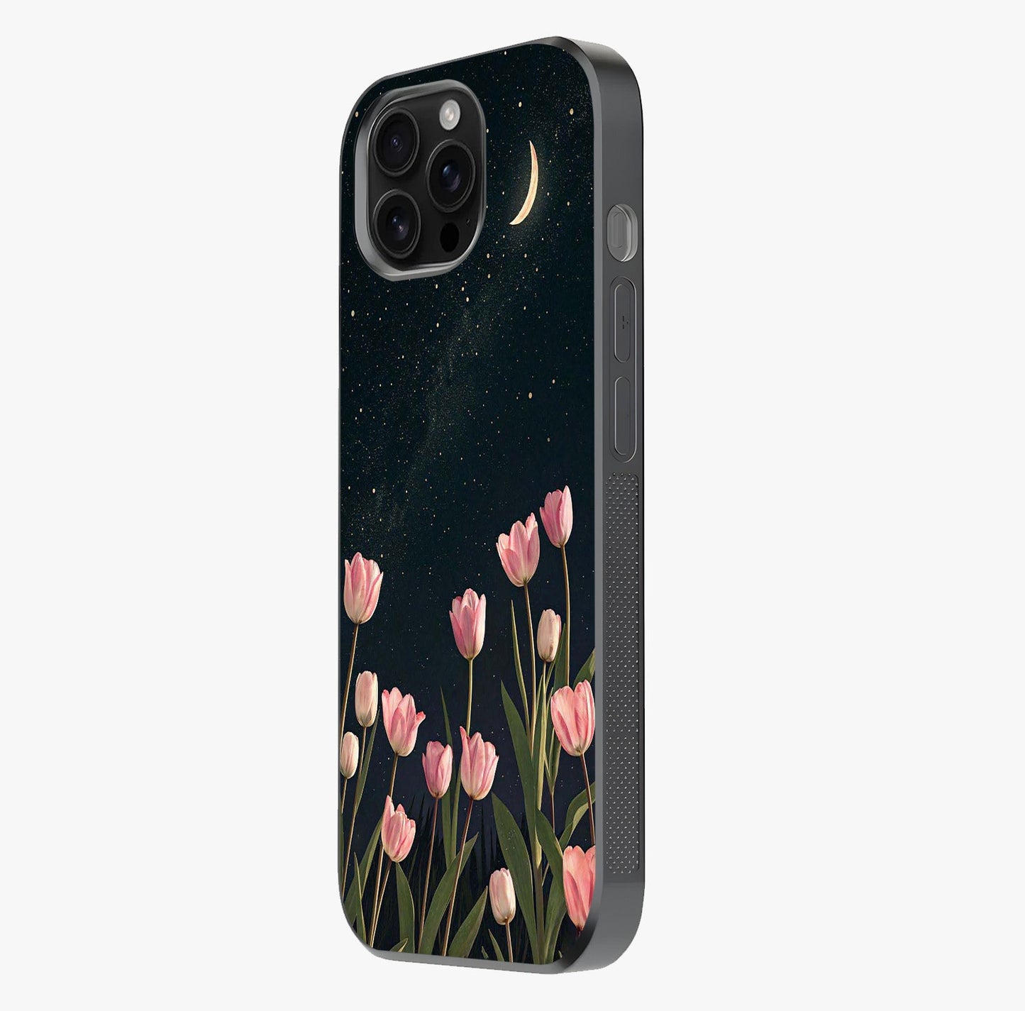 Midnight Tulip Whispers Vibe Glass Case photographed in natural light showing reflective finish and design depth.