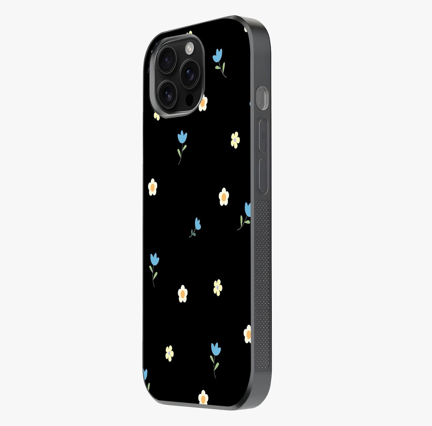 Minimalistic Blue With White Flower Pattern Glass Case photographed in natural light showing reflective finish and design depth.