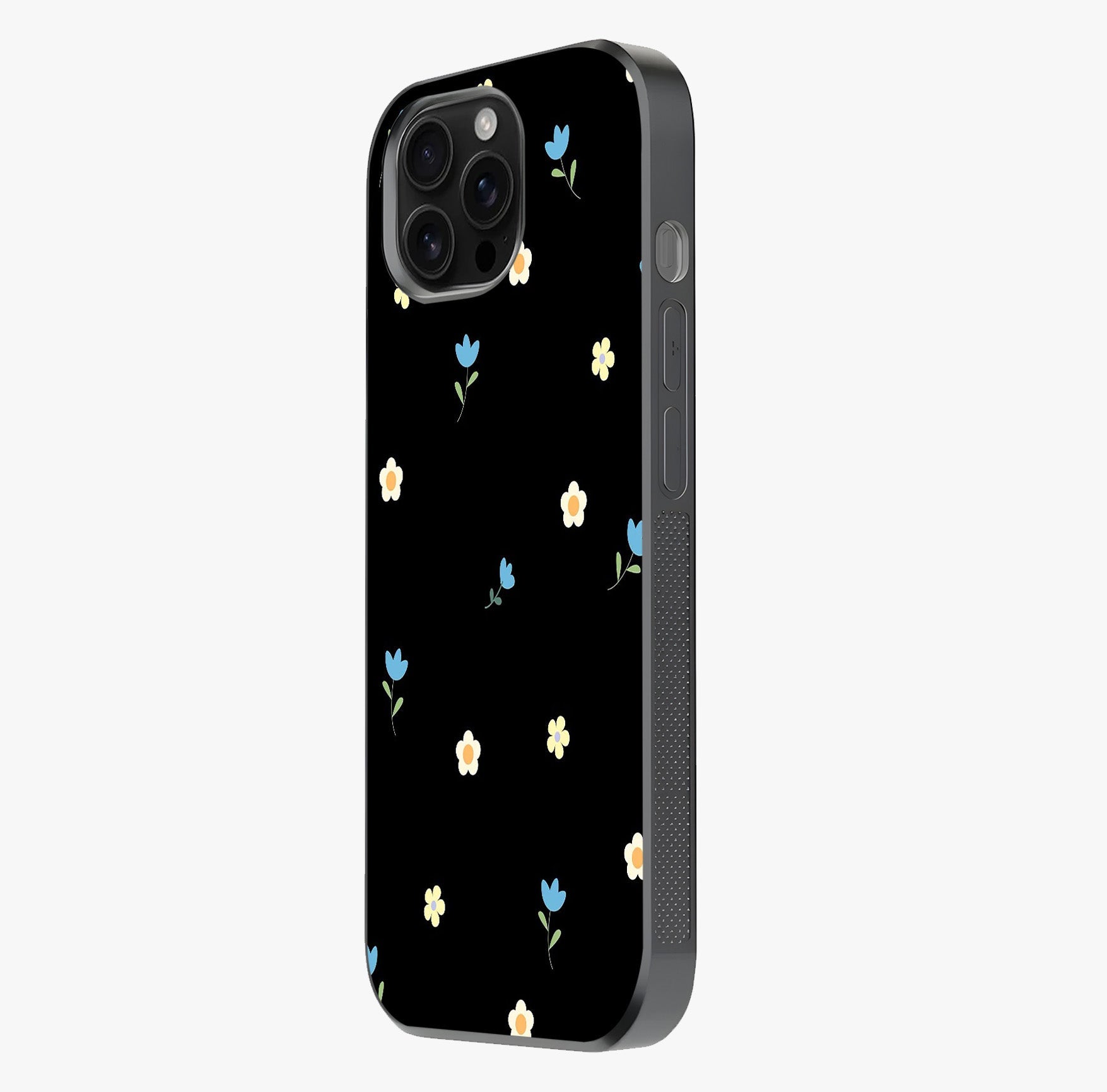 Minimalistic Blue With White Flower Pattern Glass Case photographed in natural light showing reflective finish and design depth.