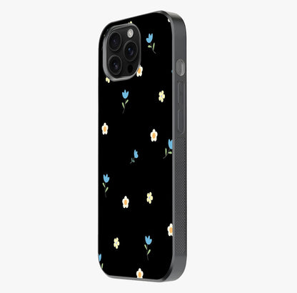 Minimalistic Blue With White Flower Pattern Glass Case photographed in natural light showing reflective finish and design depth.