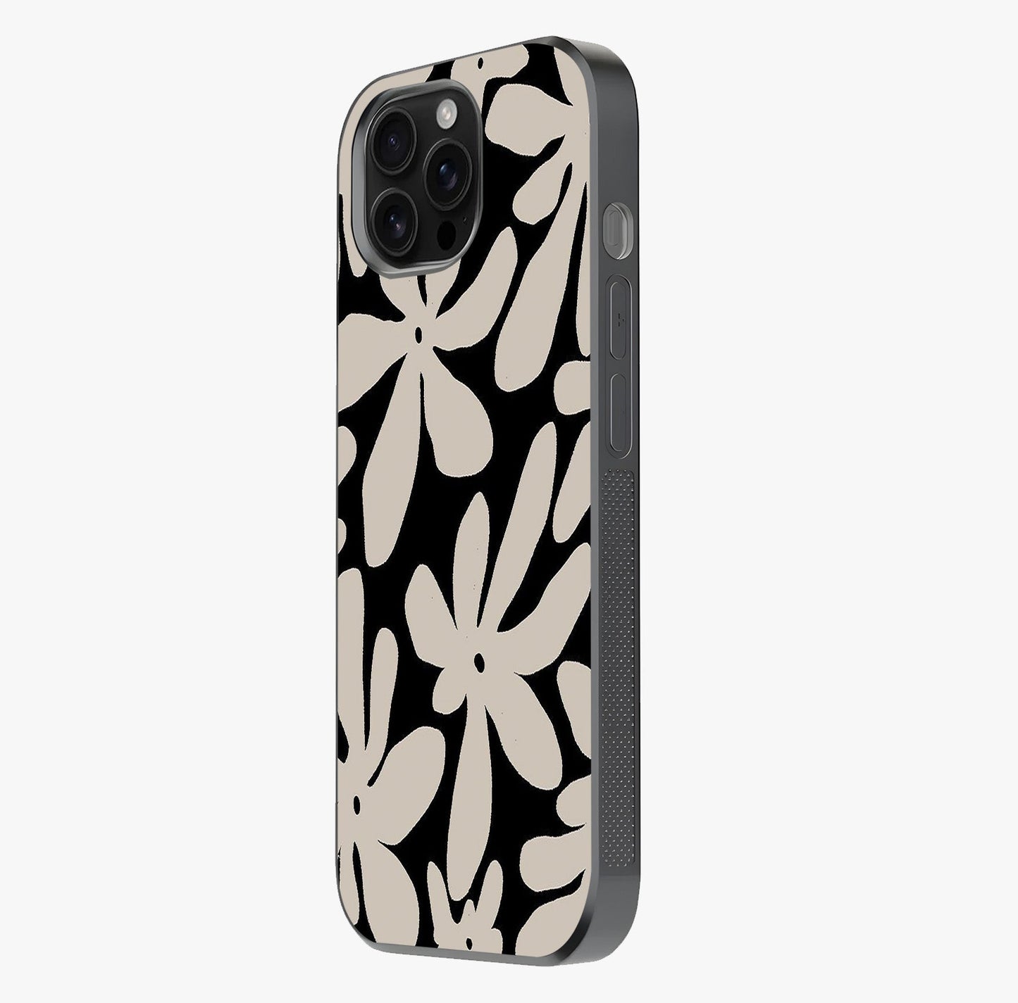 Monochrome Petal Dance Glass Case photographed in natural light showing reflective finish and design depth.