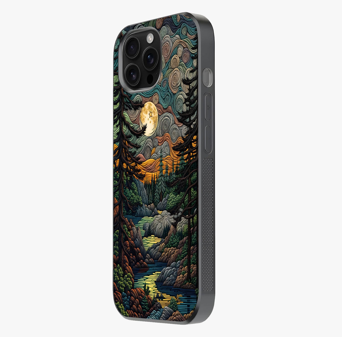Moonlight Forest Dream Glass Case photographed in natural light showing reflective finish and design depth.