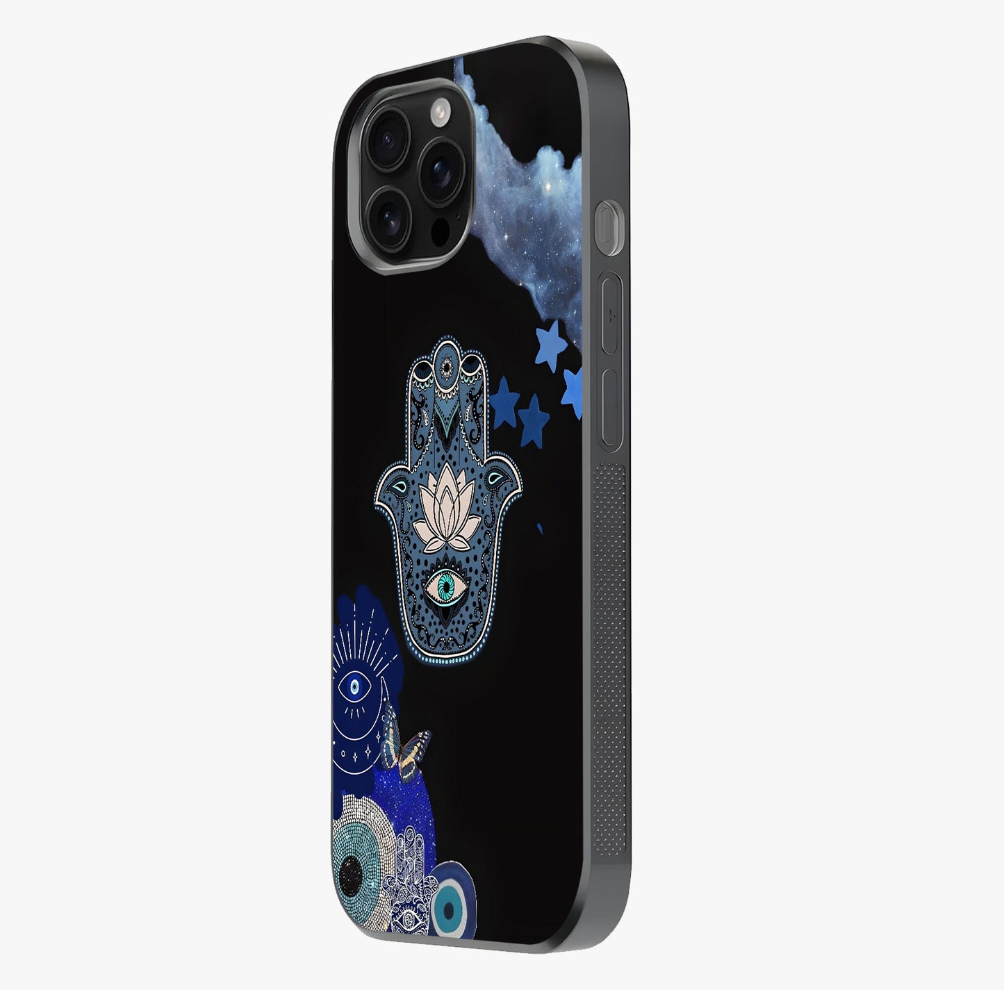 Mystic Hand Aura Glass Case photographed in natural light showing reflective finish and design depth.