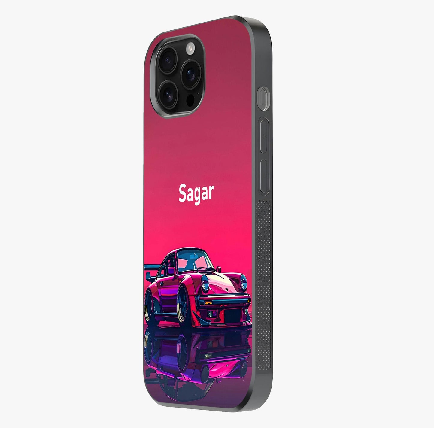 Neon Pink Porsche Glass Case photographed in natural light showing reflective finish and design depth.