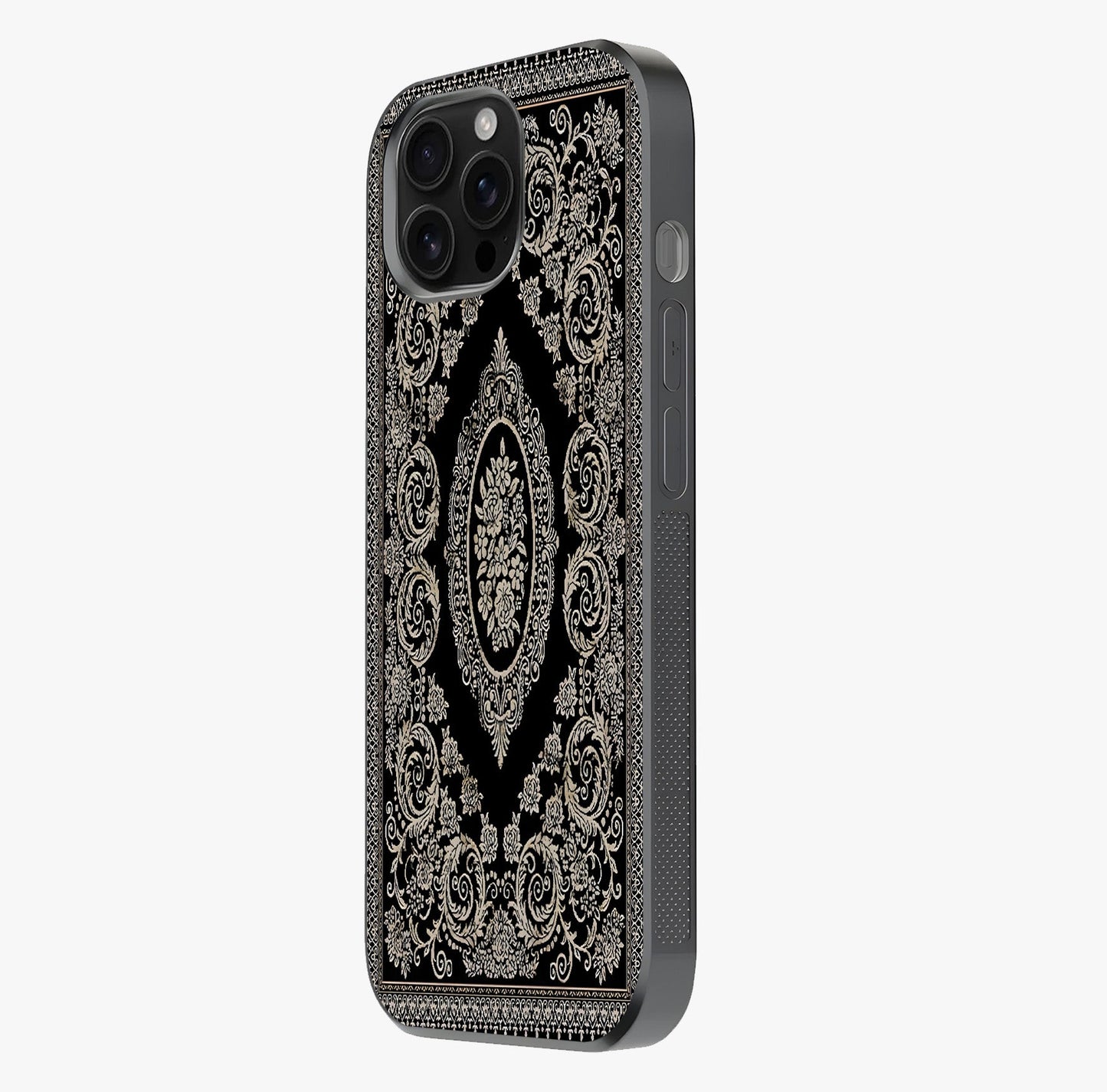 Noir Bloom Elegance Glass Case photographed in natural light showing reflective finish and design depth.