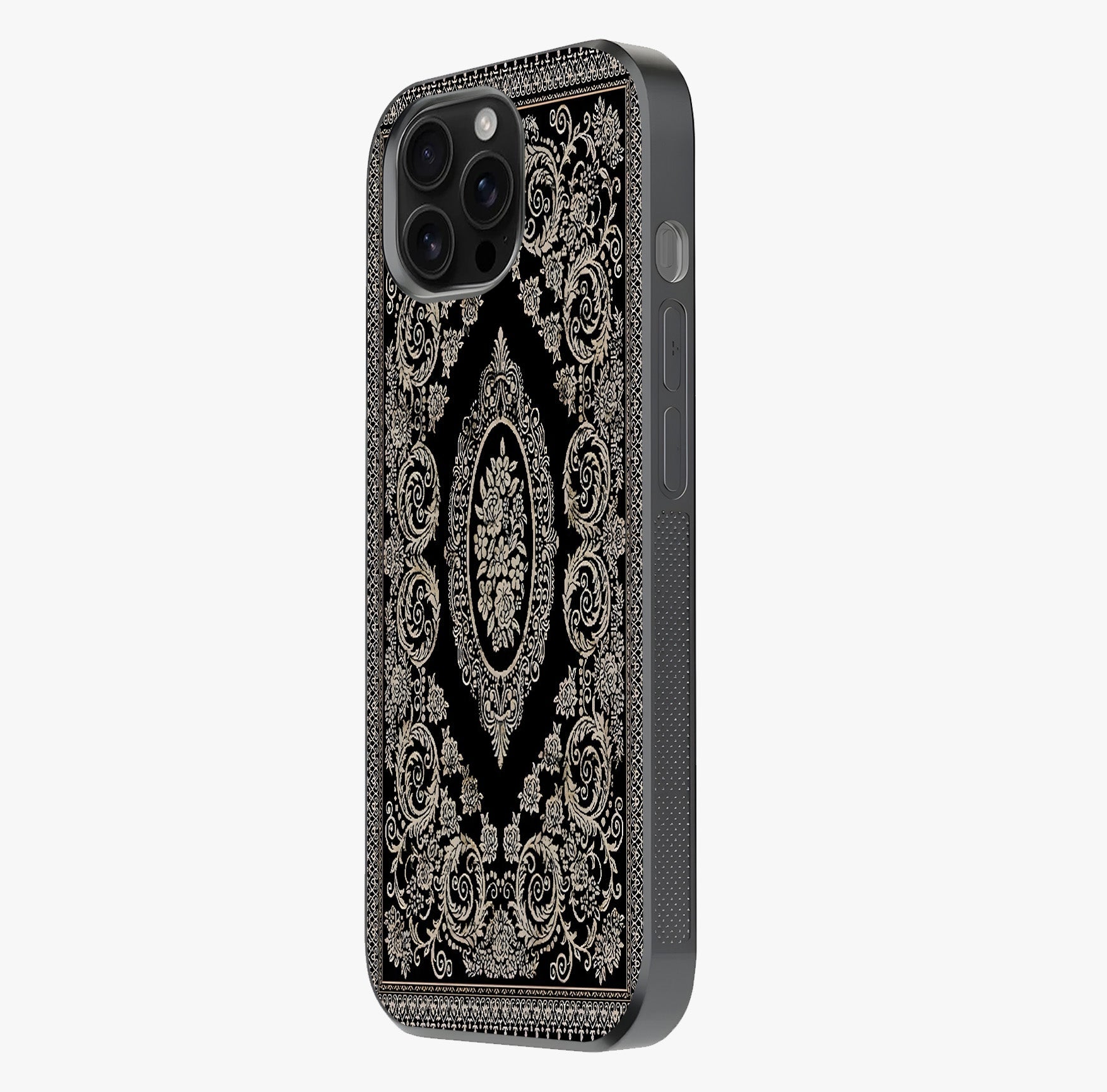 Noir Bloom Elegance Glass Case photographed in natural light showing reflective finish and design depth.