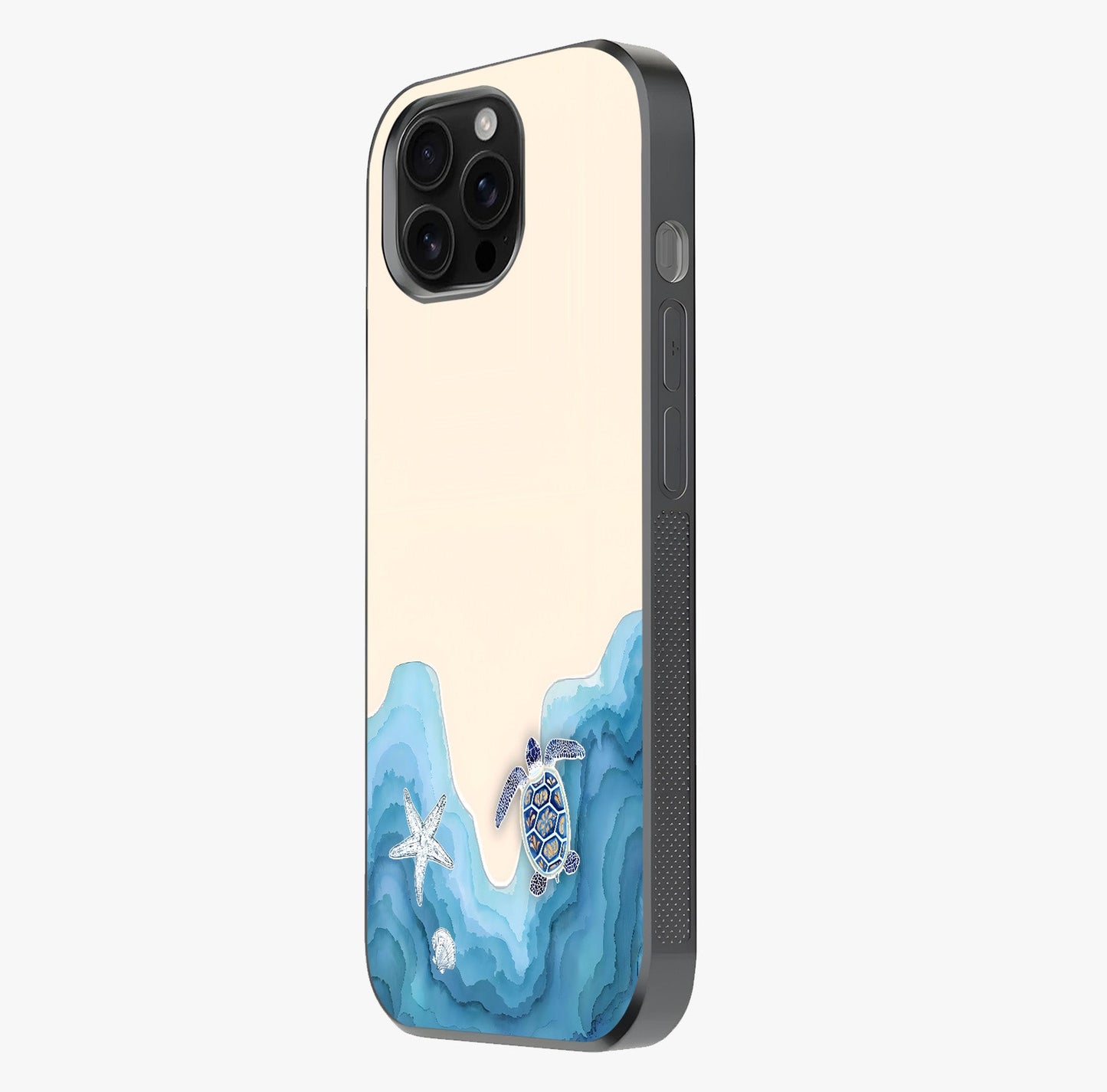 Ocean Drift Turtle Glass Case photographed in natural light showing reflective finish and design depth.