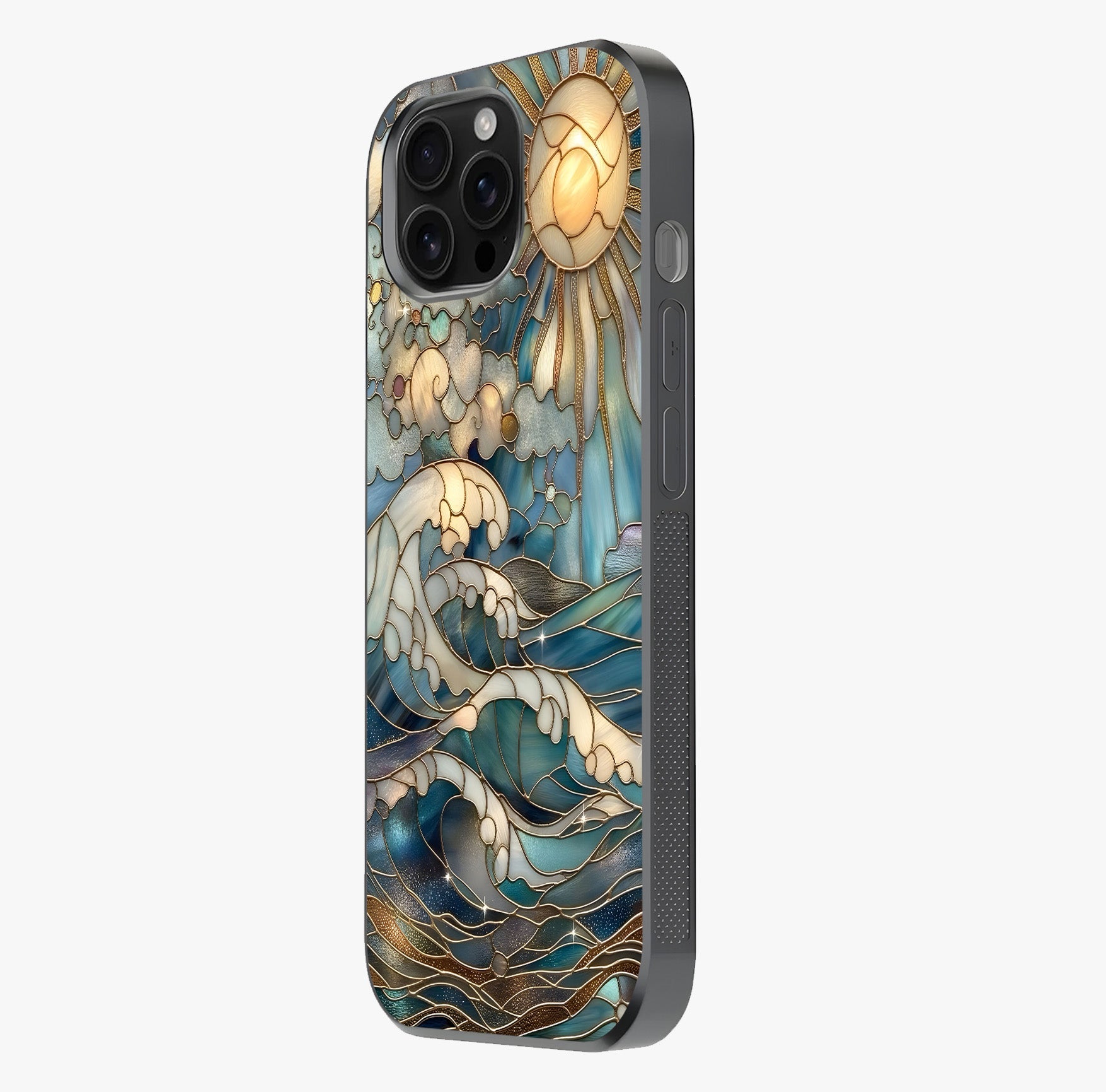 Oceanic Stained Printed Glass Case photographed in natural light showing reflective finish and design depth.