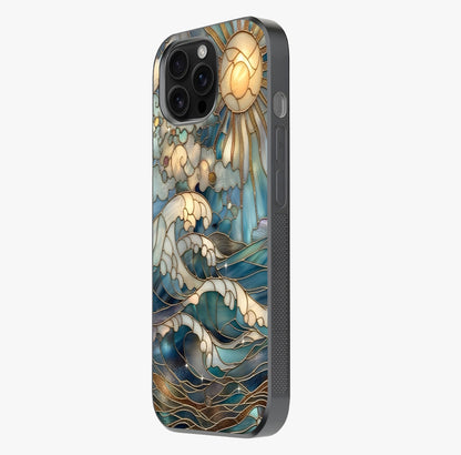 Oceanic Stained Printed Glass Case photographed in natural light showing reflective finish and design depth.