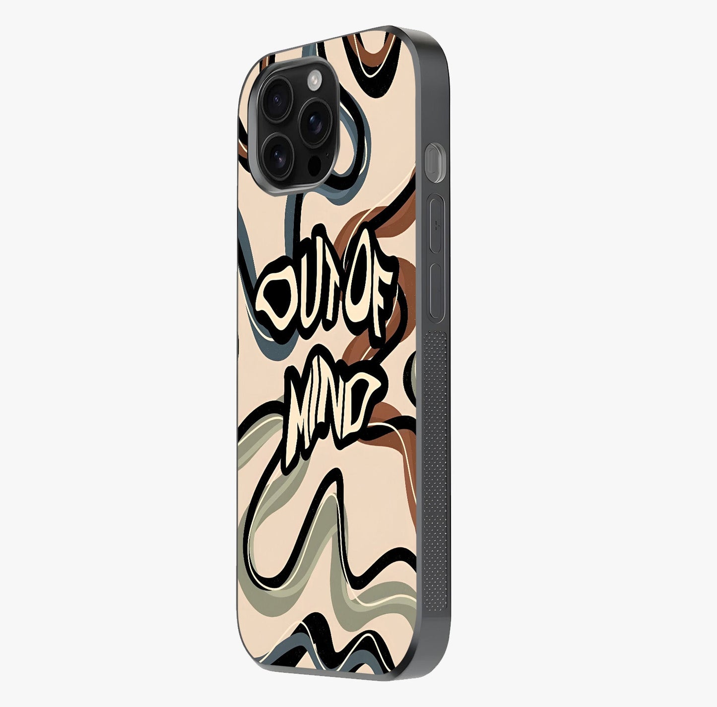 Out Of Mind Glass Case photographed in natural light showing reflective finish and design depth.