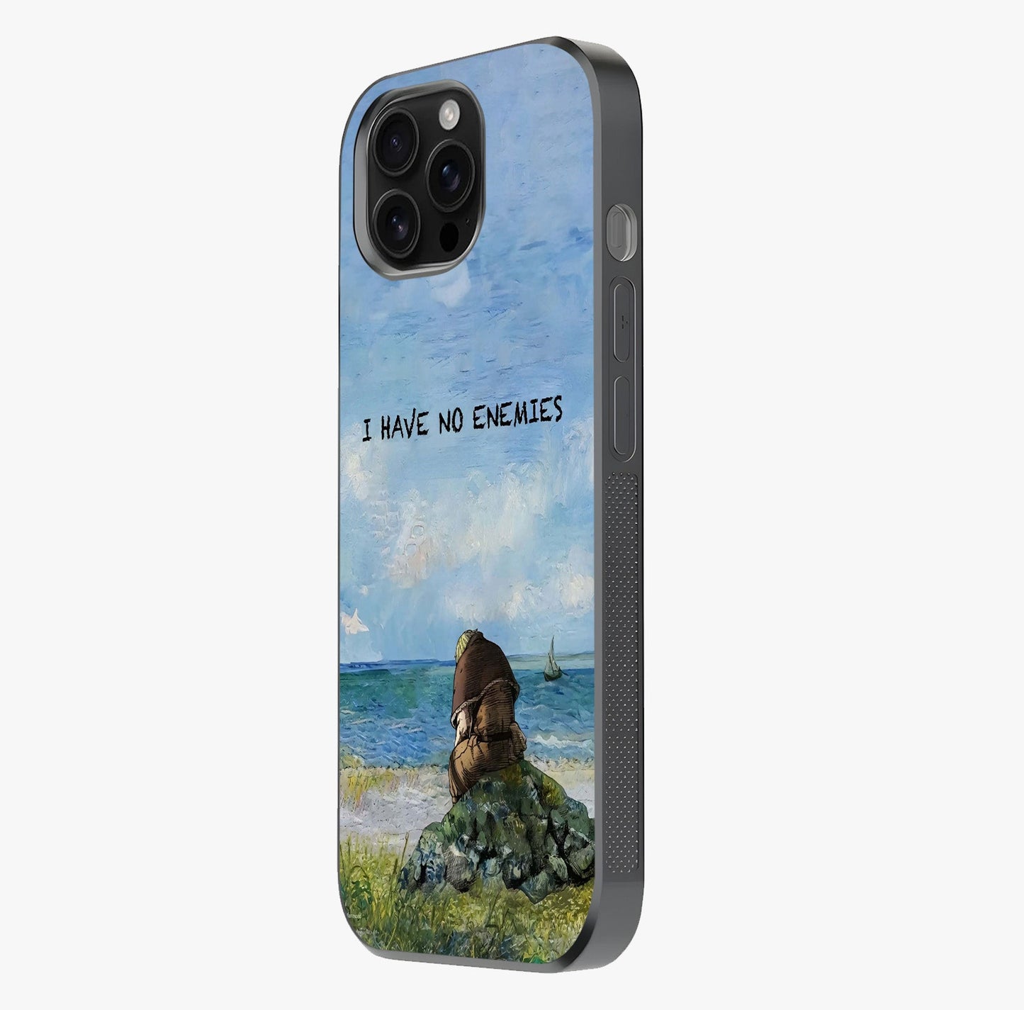 Peace Beyond War Glass Case photographed in natural light showing reflective finish and design depth.