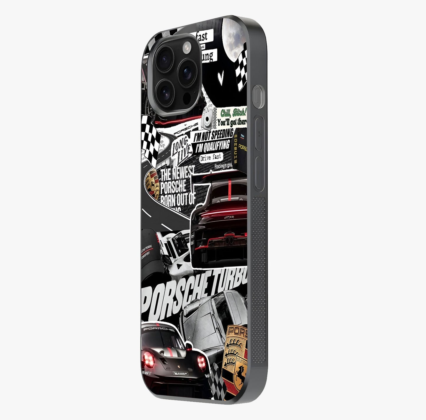 Porsche Racing Collage Glass Case photographed in natural light showing reflective finish and design depth.