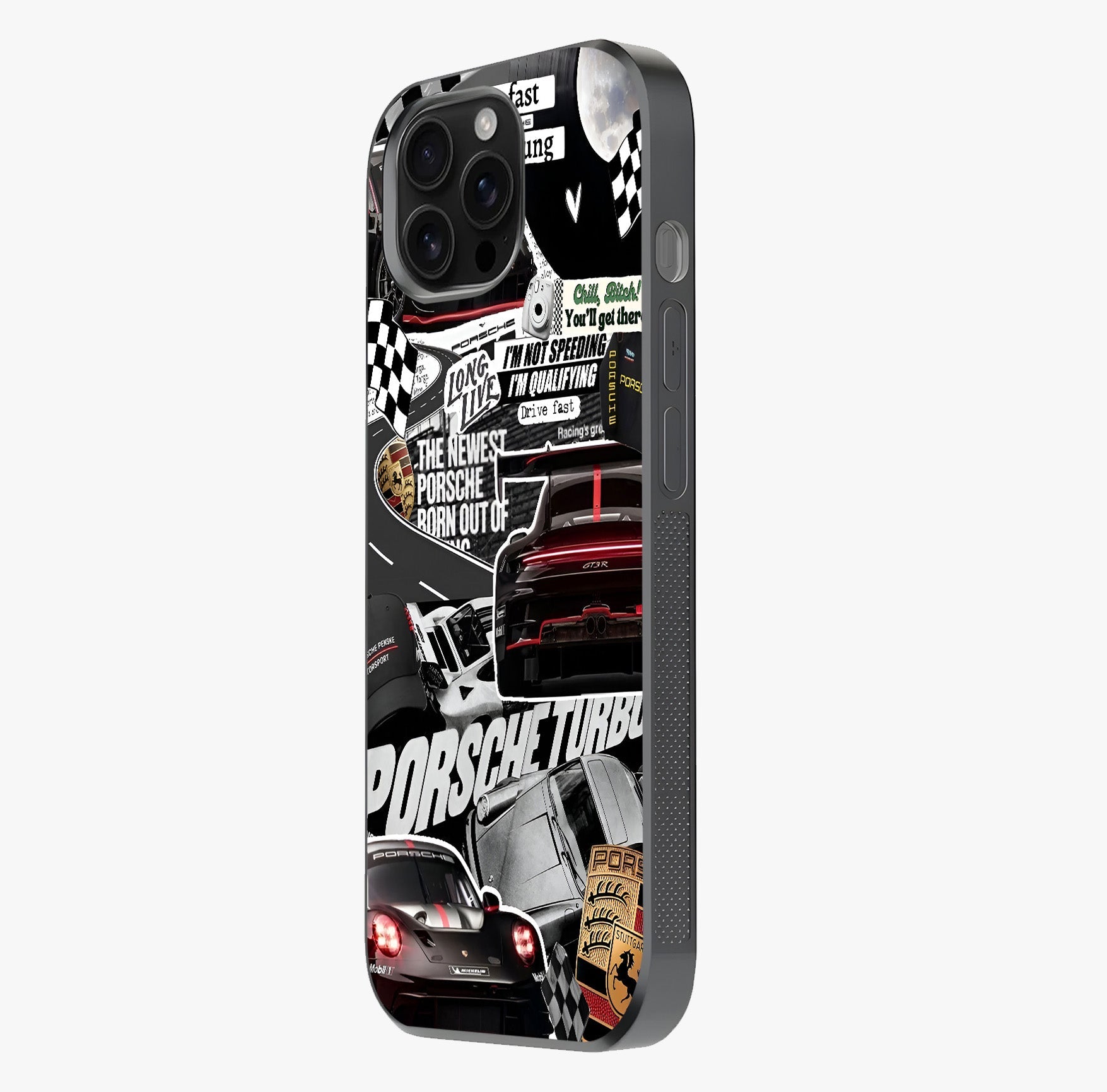 Porsche Racing Collage Glass Case photographed in natural light showing reflective finish and design depth.