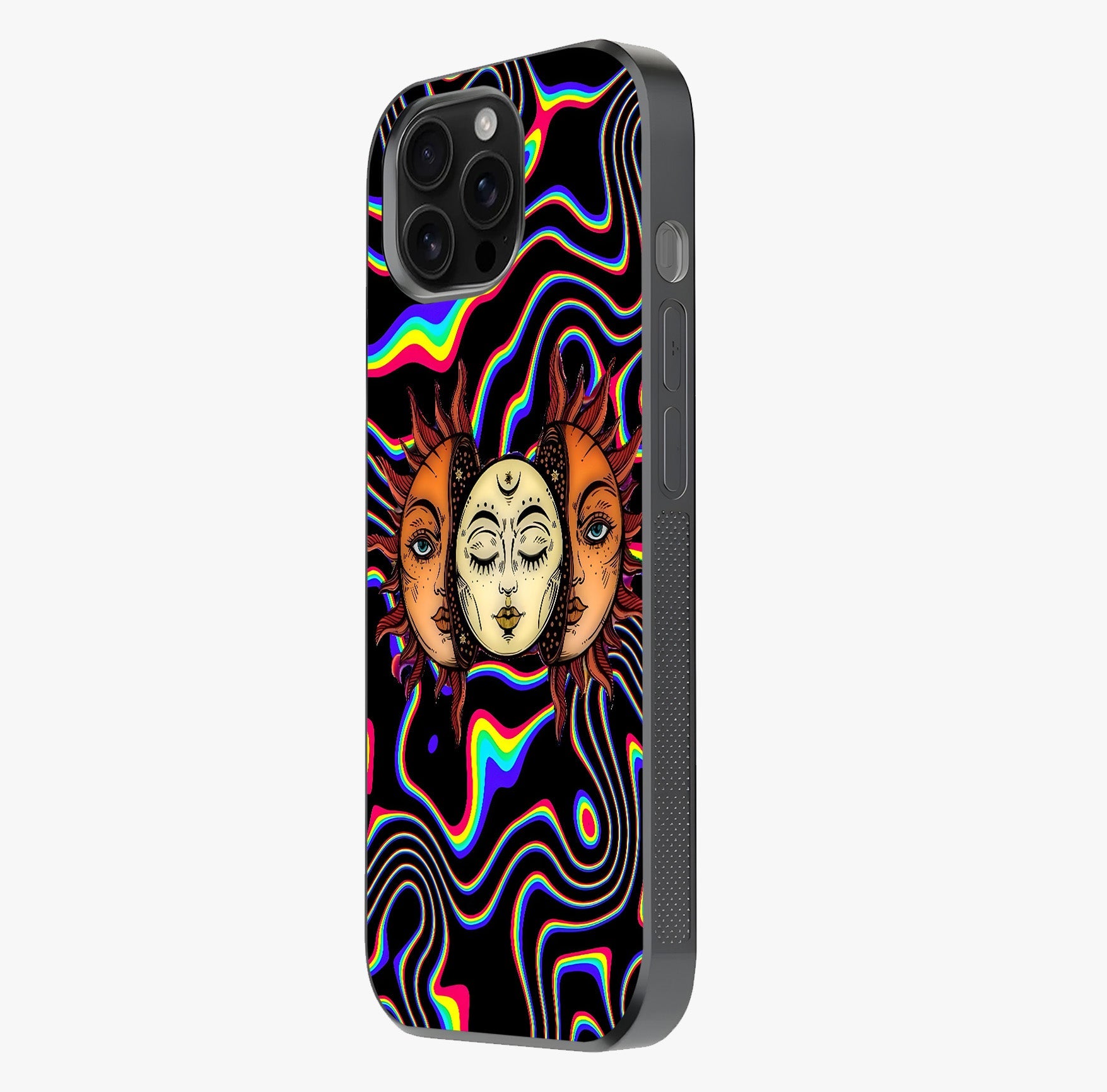 Psychedelic Sun Glass Case photographed in natural light showing reflective finish and design depth.