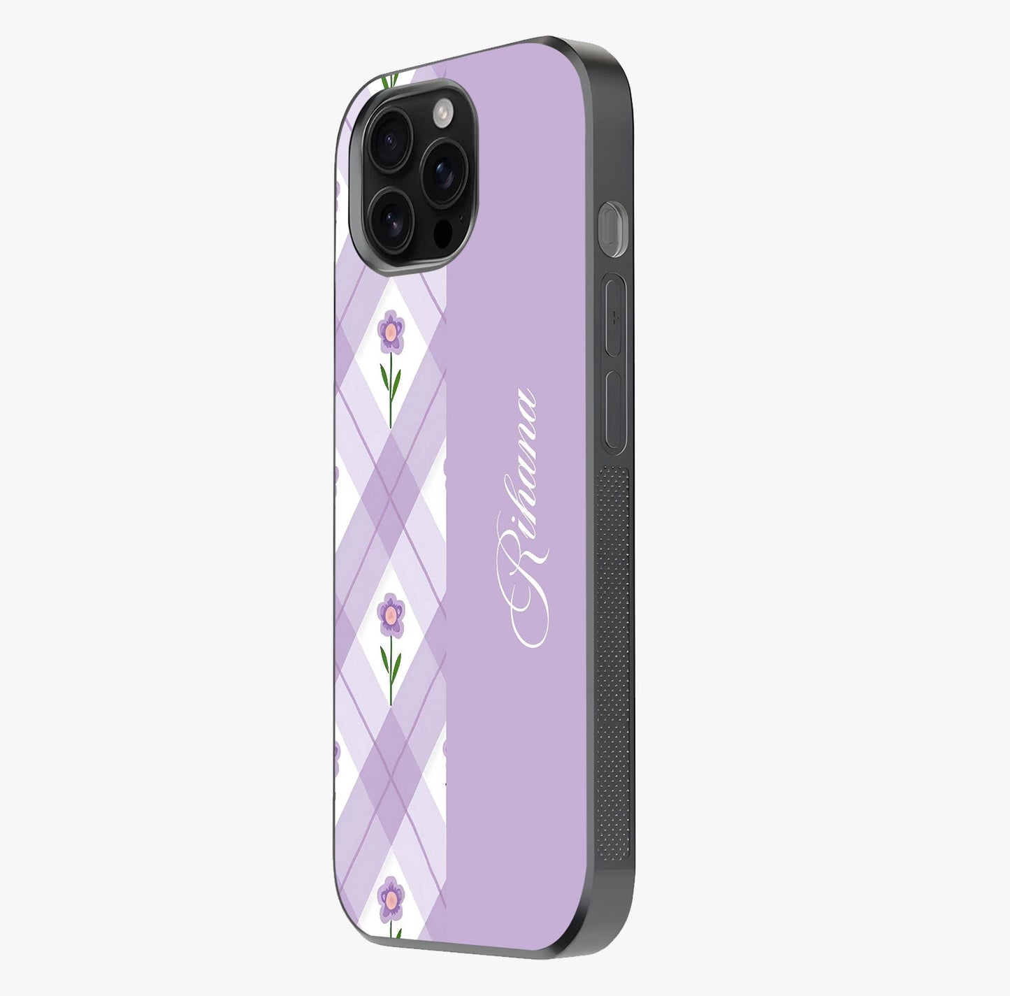 Purple Diamond Floral Glass Case photographed in natural light showing reflective finish and design depth.