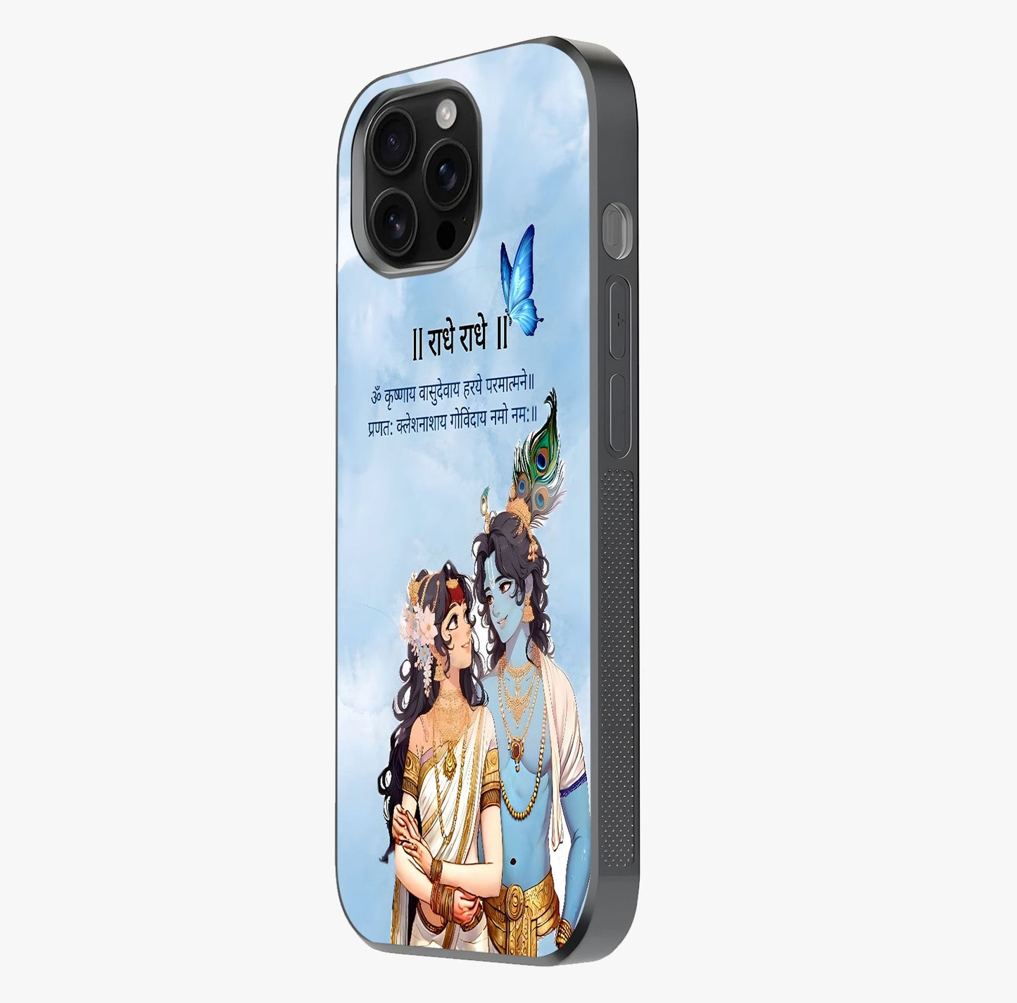 Radha Krishna Eternal Glass Case photographed in natural light showing reflective finish and design depth.