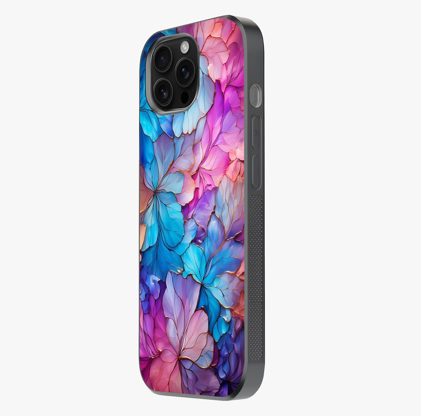 Radiant Floral Whirl Glass Case photographed in natural light showing reflective finish and design depth.
