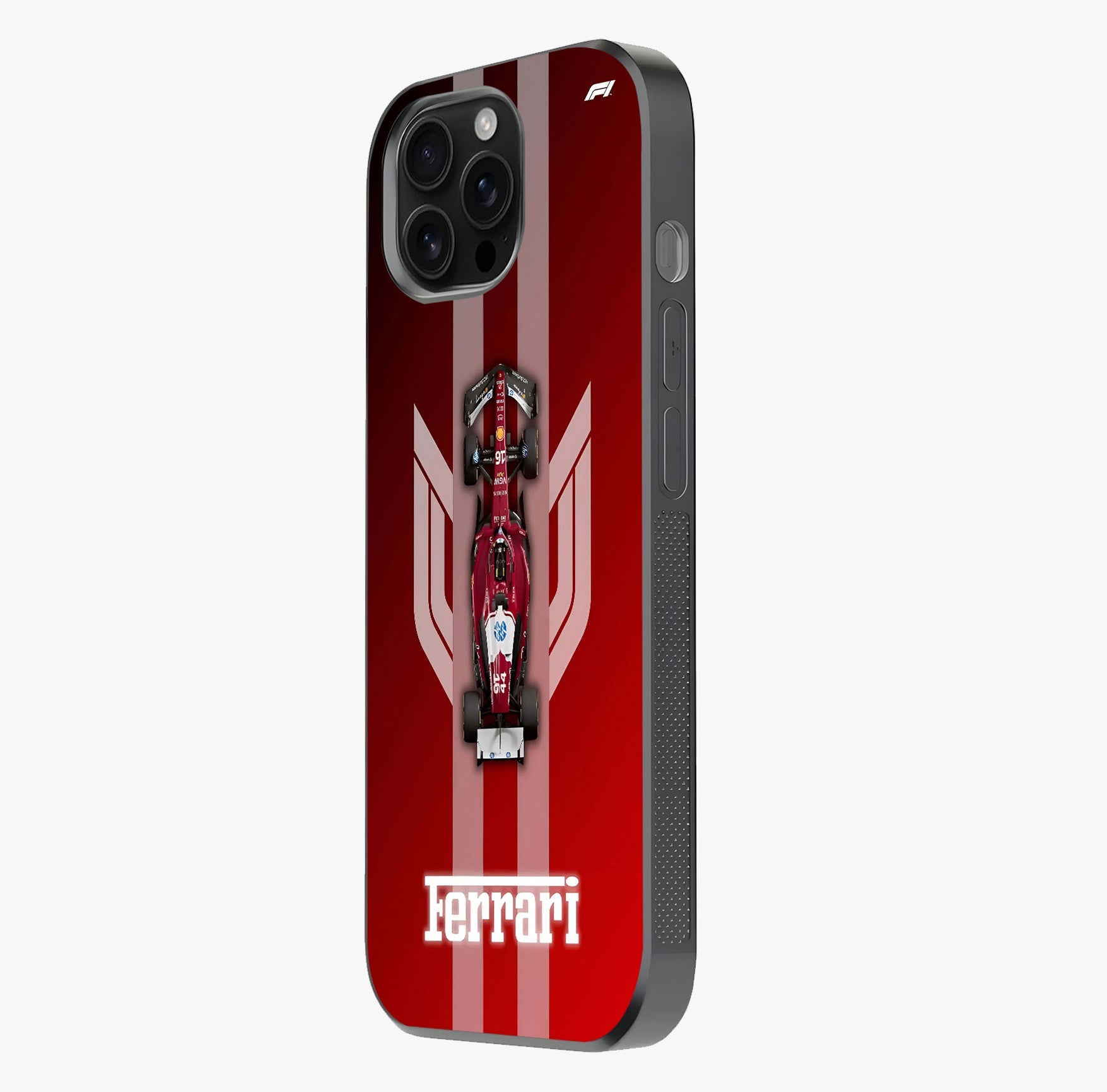 Red Ferrari F1 Vertical Glass Case photographed in natural light showing reflective finish and design depth.