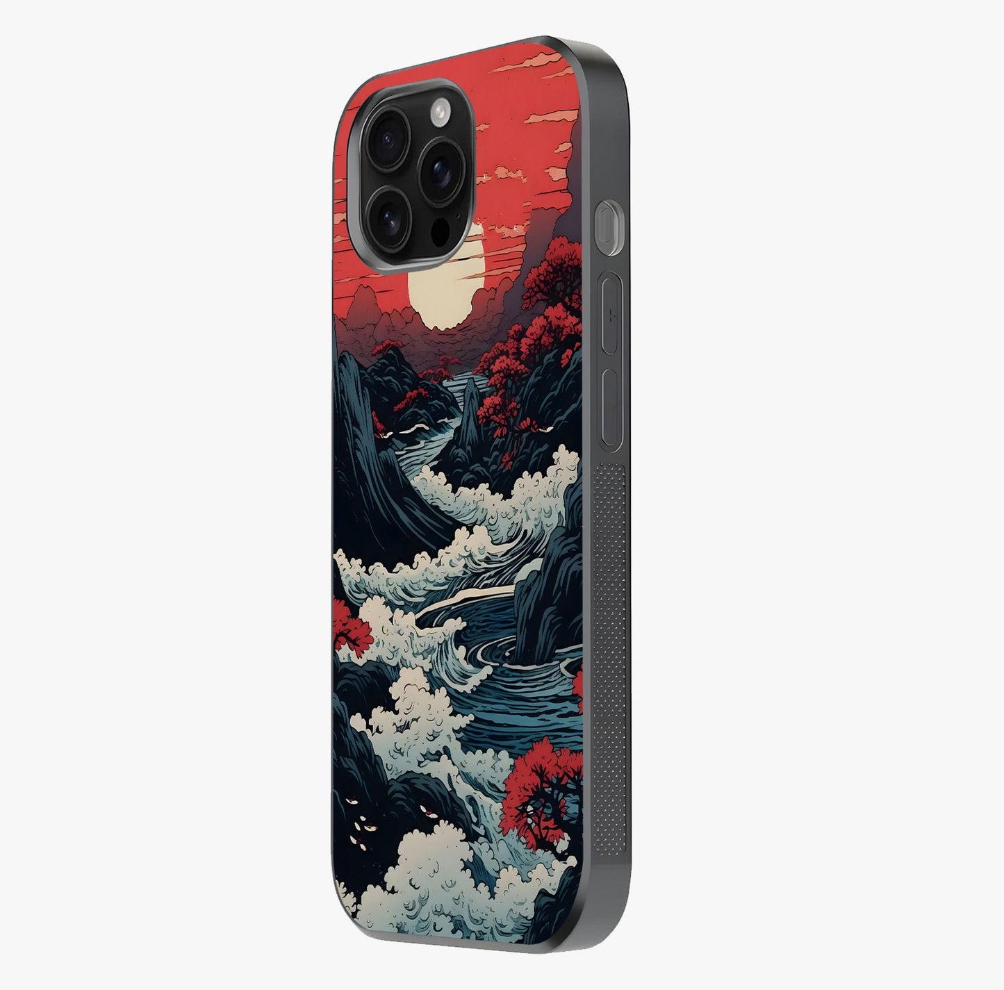 Red Sunset Scenery Glass Case photographed in natural light showing reflective finish and design depth.