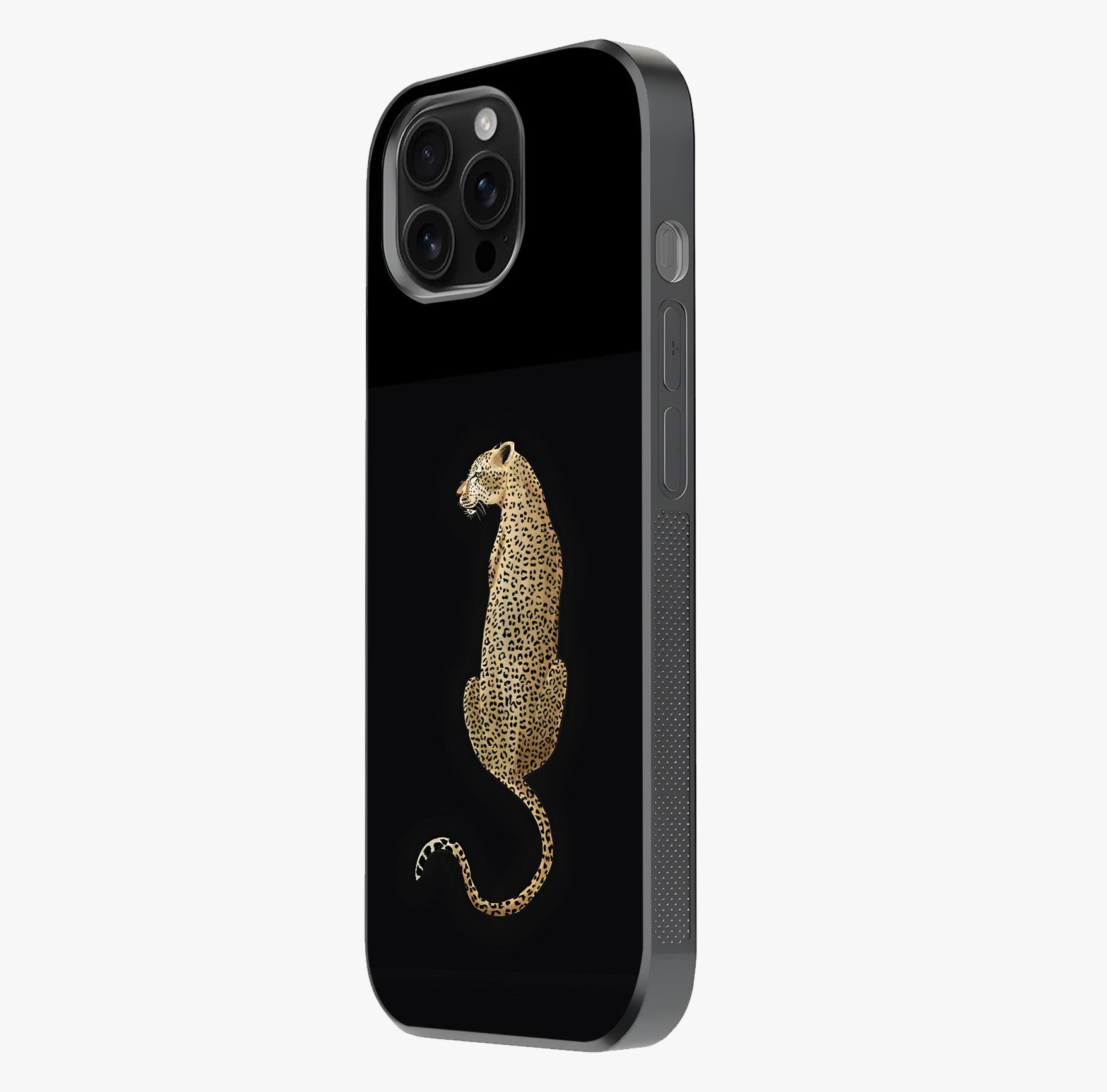 Regal Leopard Glass Case photographed in natural light showing reflective finish and design depth.
