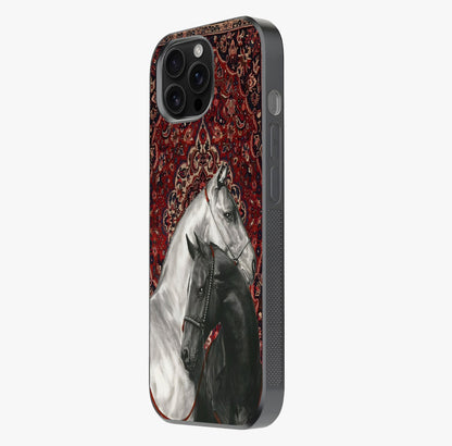 Regal Stallion Tapestry Glass Case photographed in natural light showing reflective finish and design depth.