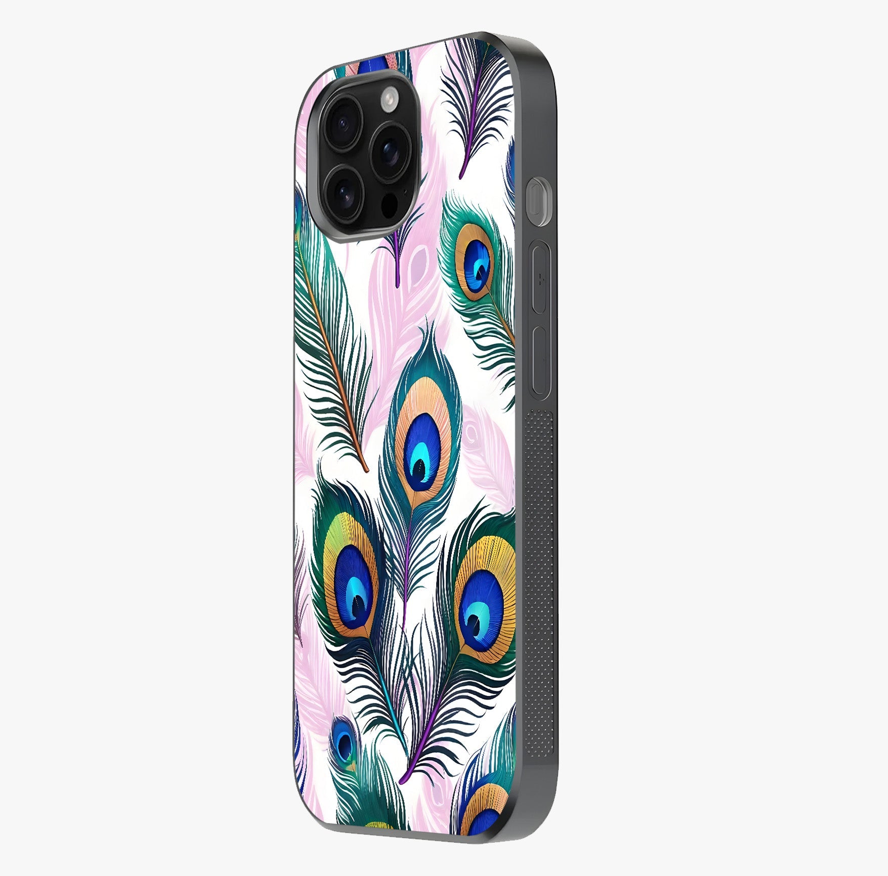 Royal Peacock Feathers Glass Case photographed in natural light showing reflective finish and design depth.