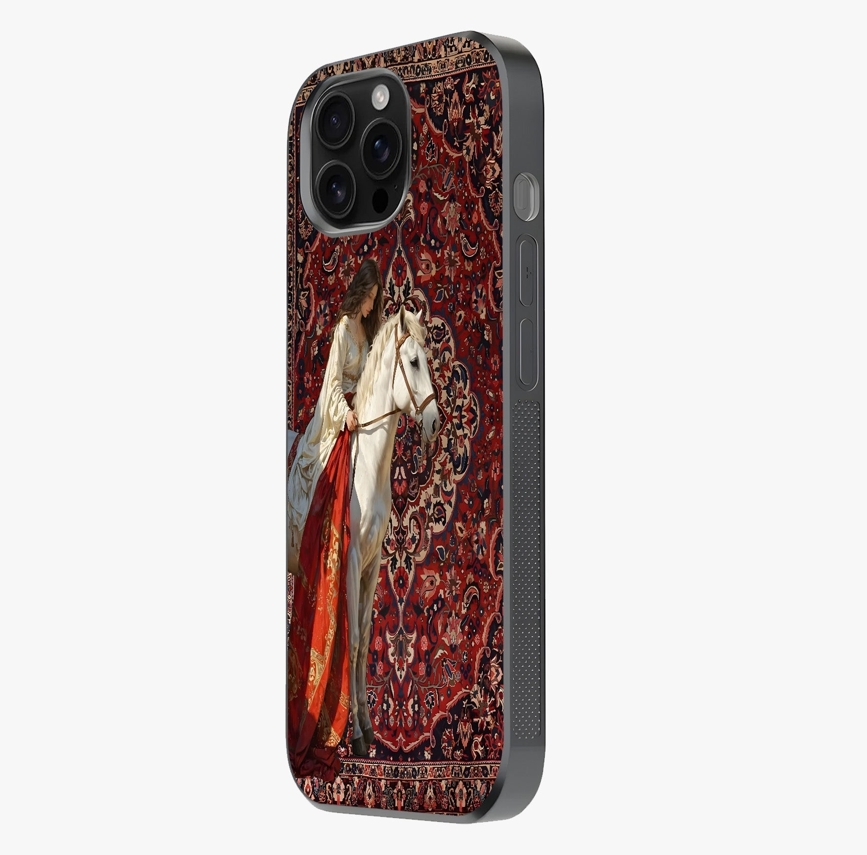 Royal Rider Tapestry Glass Case photographed in natural light showing reflective finish and design depth.