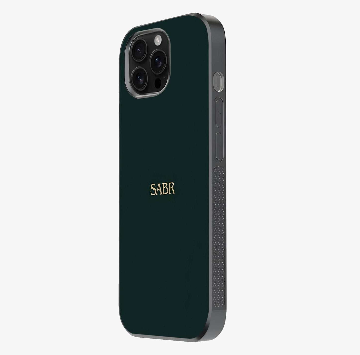 Sabr Minimal Patience Glass Case photographed in natural light showing reflective finish and design depth.